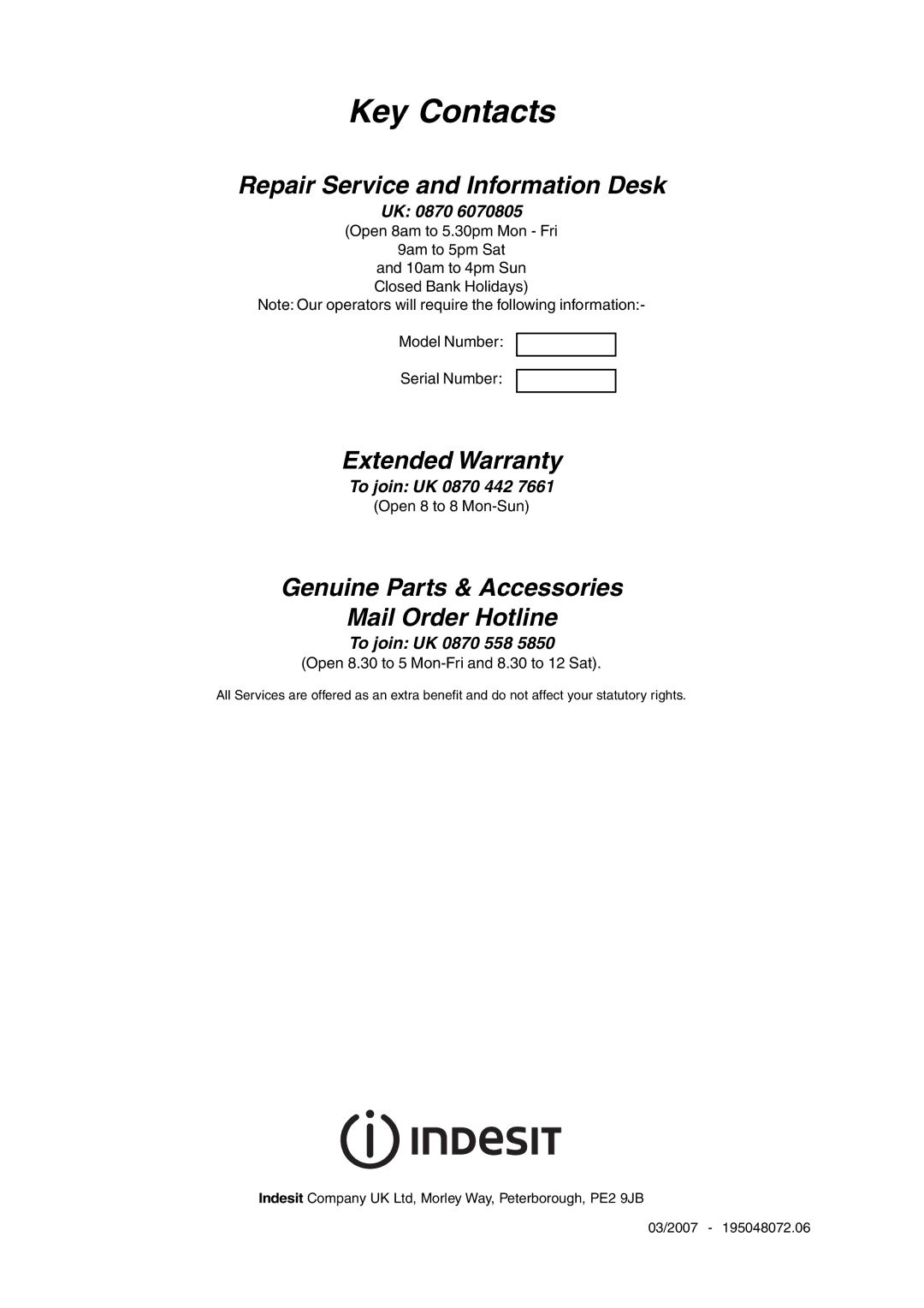 Indesit KD3G21S/IR, KD3G2S/IR manual Key Contacts 