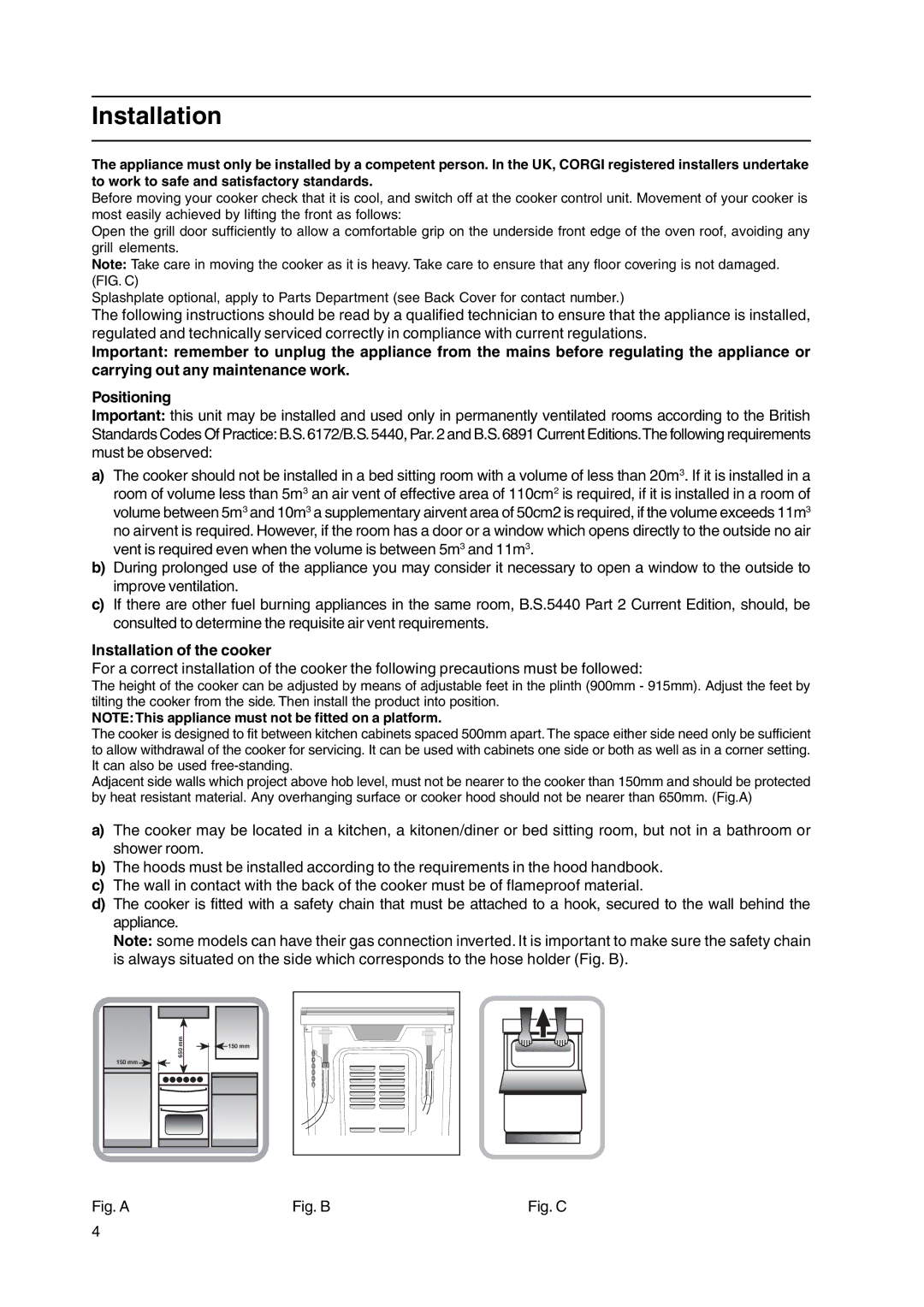 Indesit KD3G21S/IR, KD3G2S/IR manual Installation of the cooker 