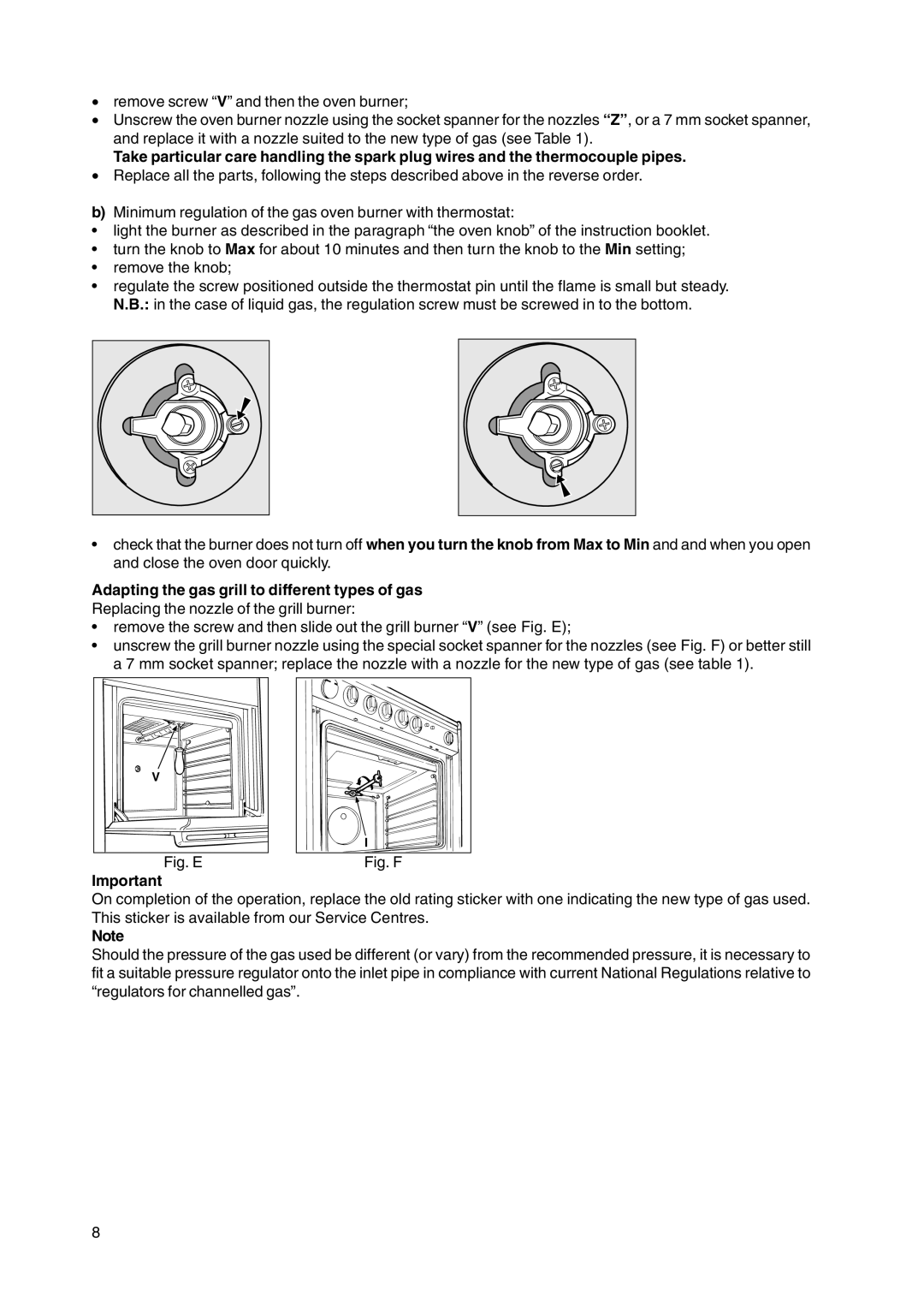 Indesit KD3G21S/IR, KD3G2S/IR manual Adapting the gas grill to different types of gas, Fig. E 