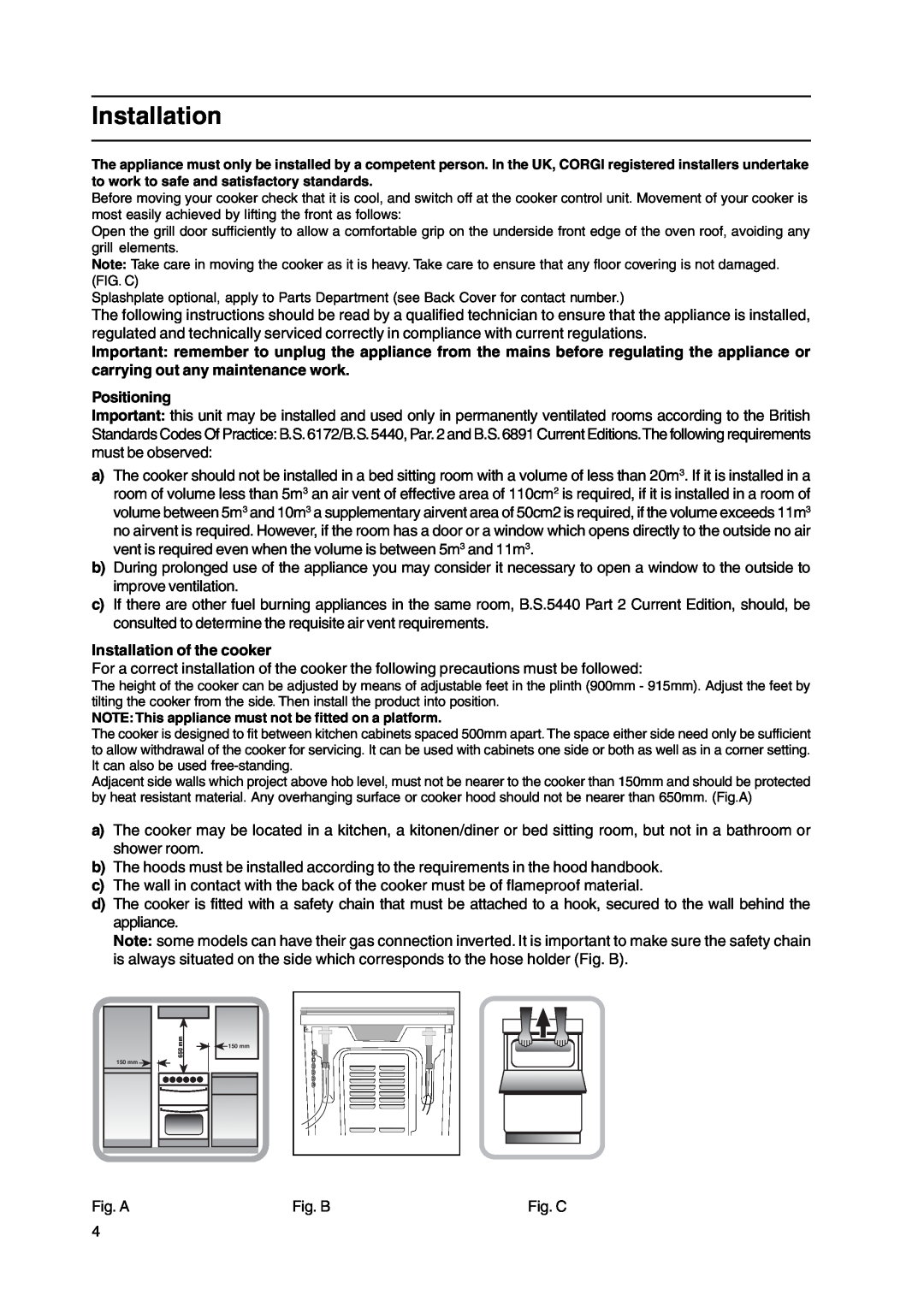 Indesit KD3G21S/IR, KD3G2S/IR manual Positioning, Installation of the cooker 