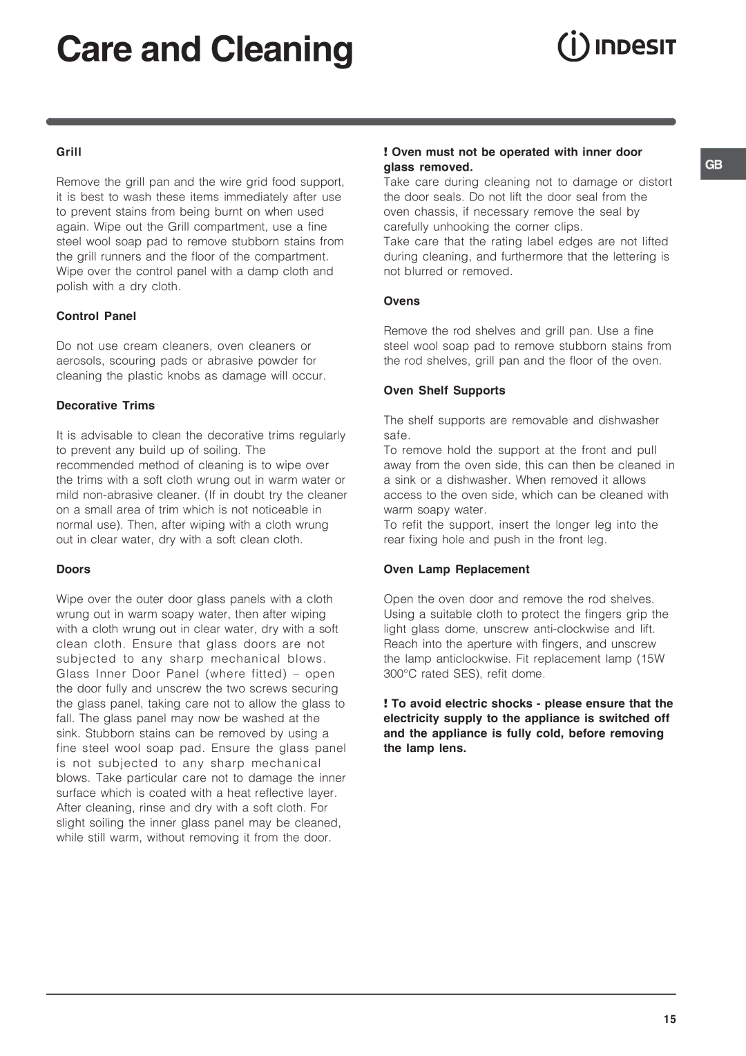 Indesit KD3G2SL/IR, KD3G21SL/IR operating instructions Care and Cleaning 