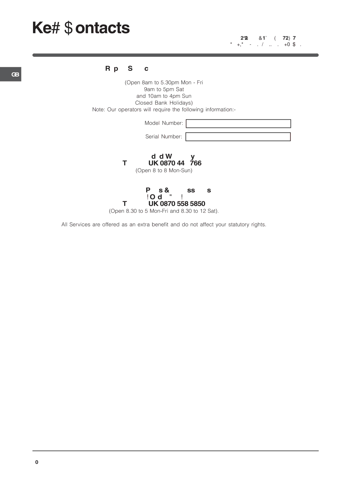 Indesit KD3G21SL/IR, KD3G2SL/IR operating instructions Key Contacts 