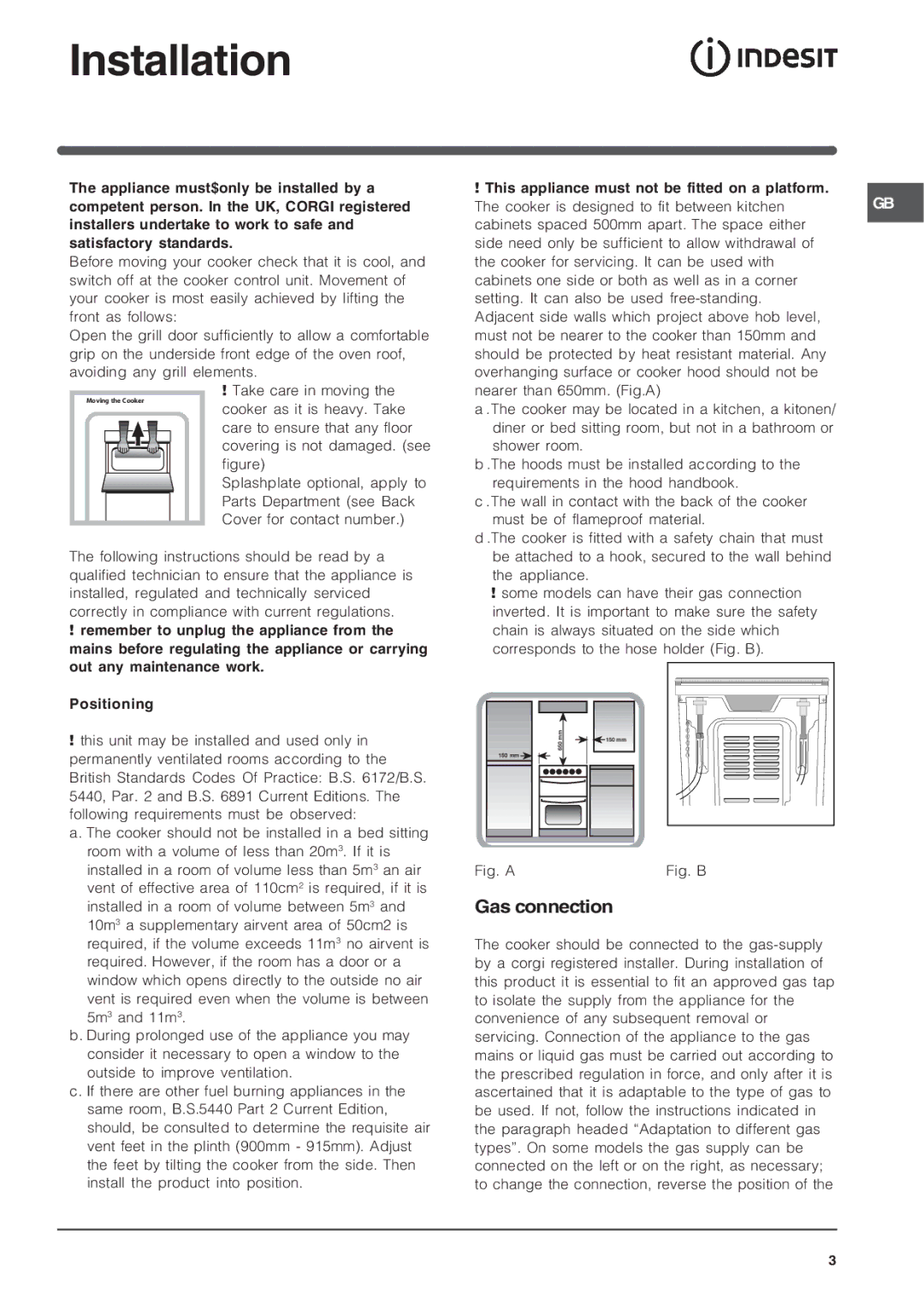 Indesit KD3G2SL/IR, KD3G21SL/IR operating instructions Installation, Gas connection 