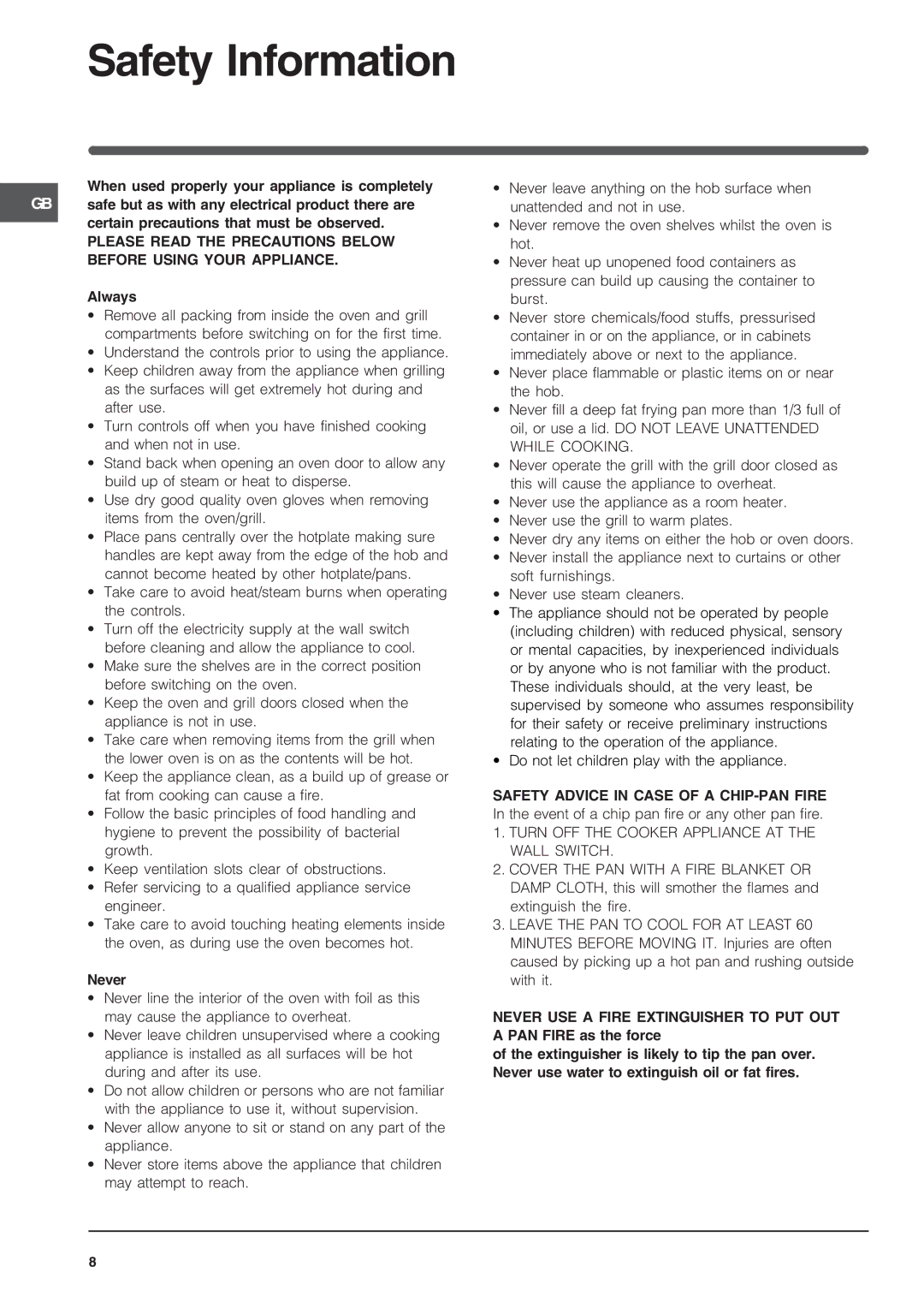 Indesit KD3G21SL/IR, KD3G2SL/IR operating instructions Safety Information, Turn OFF the Cooker Appliance AT the Wall Switch 