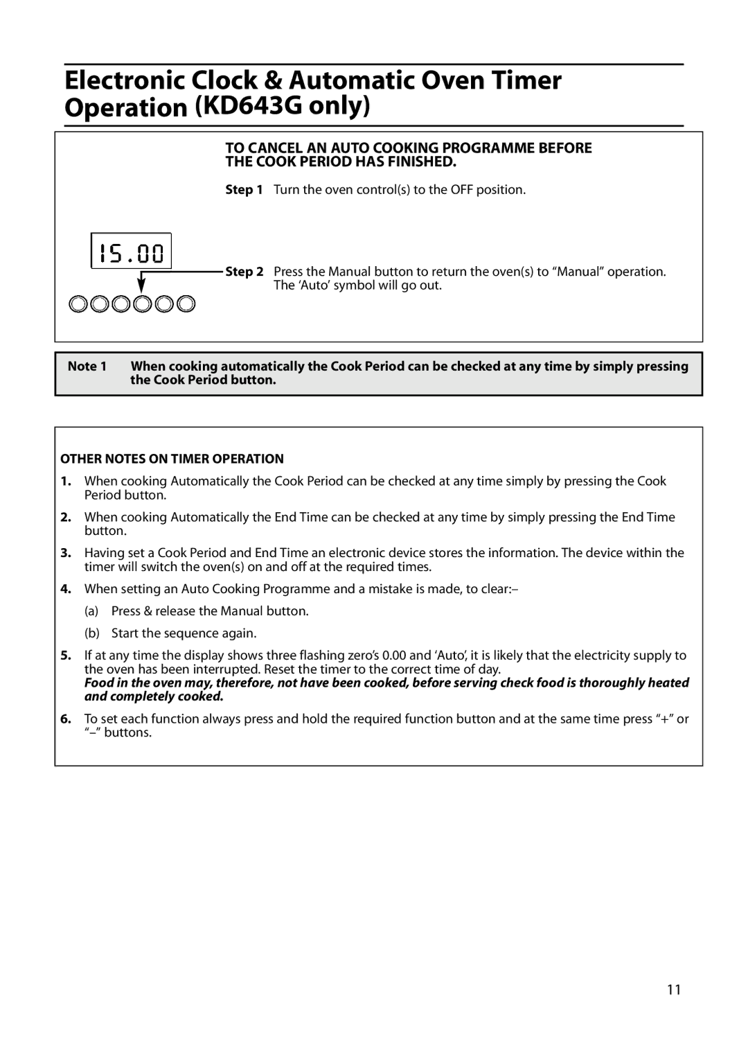 Indesit KD640G, KD641G, KD643G manual Other Notes on Timer Operation 