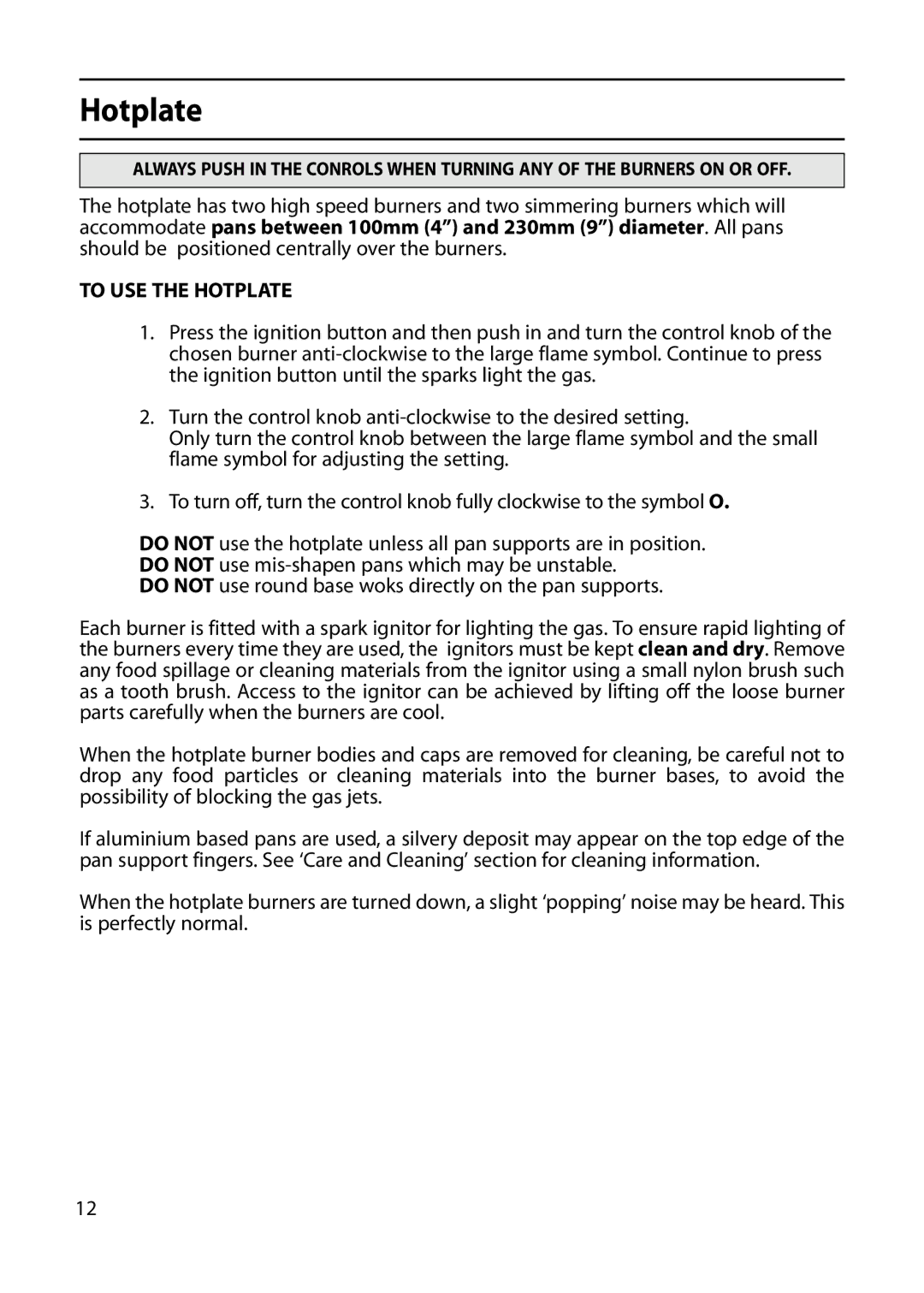 Indesit KD641G, KD643G, KD640G manual To USE the Hotplate 