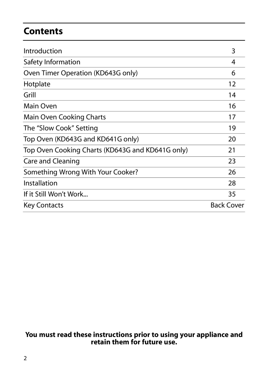 Indesit KD640G, KD641G, KD643G manual Contents 