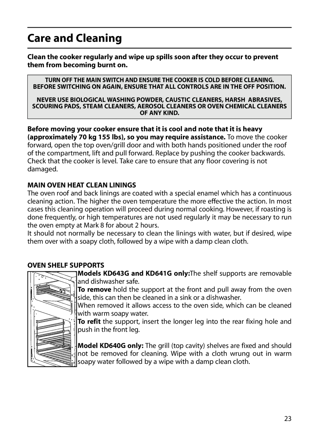 Indesit KD640G, KD641G, KD643G manual Care and Cleaning, Main Oven Heat Clean Linings, Oven Shelf Supports 