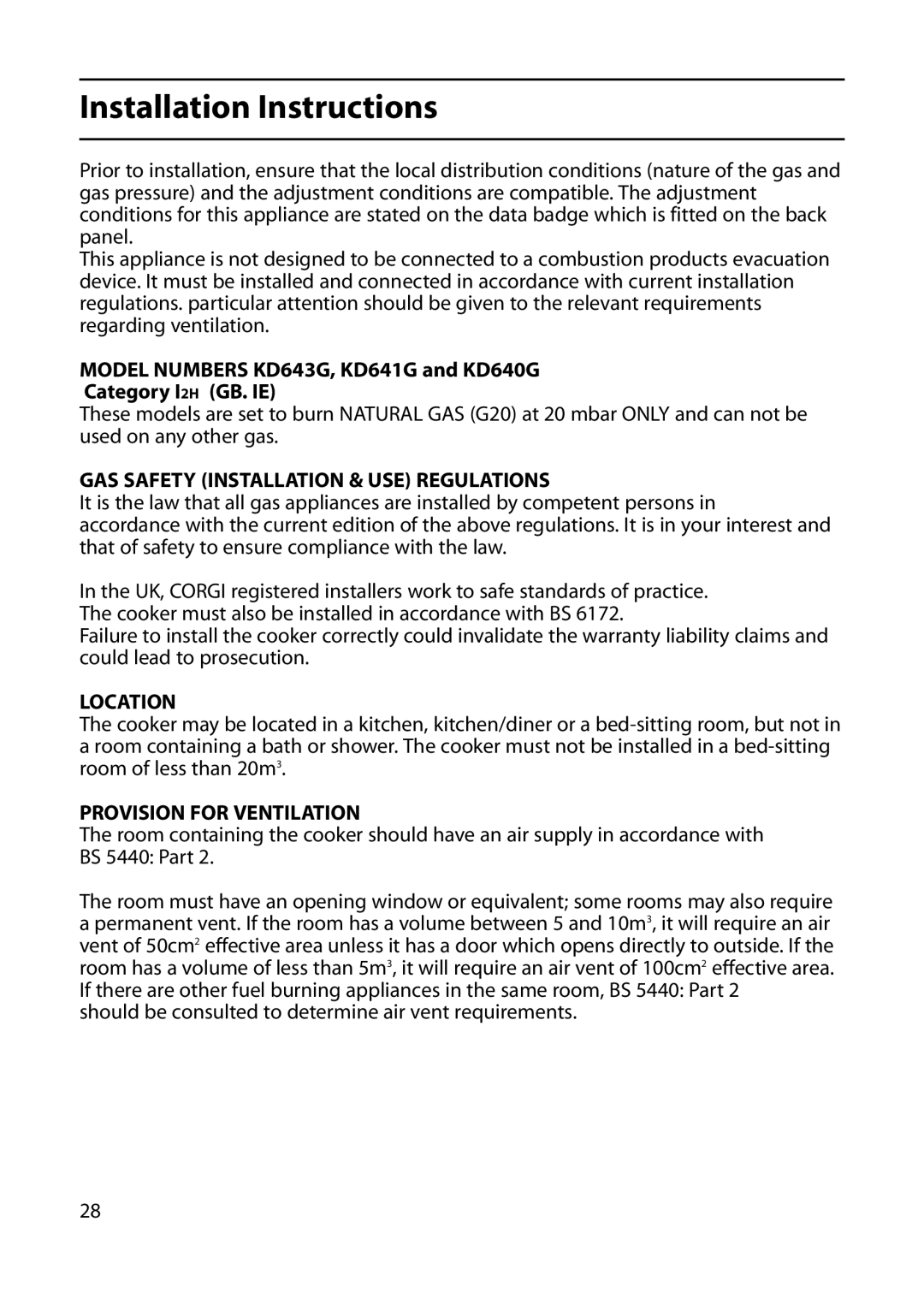 Indesit KD643G Installation Instructions, GAS Safety Installation & USE Regulations, Location, Provision for Ventilation 