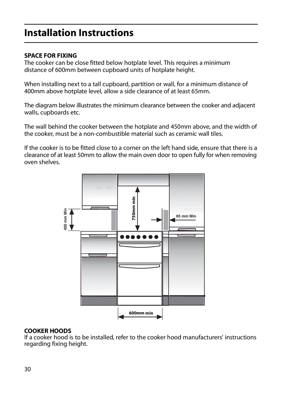 Indesit KD641G, KD643G, KD640G manual Space for Fixing, Cooker Hoods 