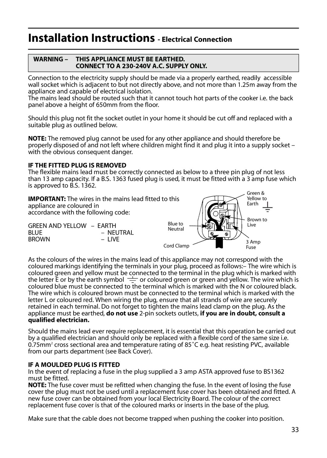 Indesit KD641G, KD643G, KD640G manual Installation Instructions Electrical Connection, Connect to a 230-240V A.C. Supply only 