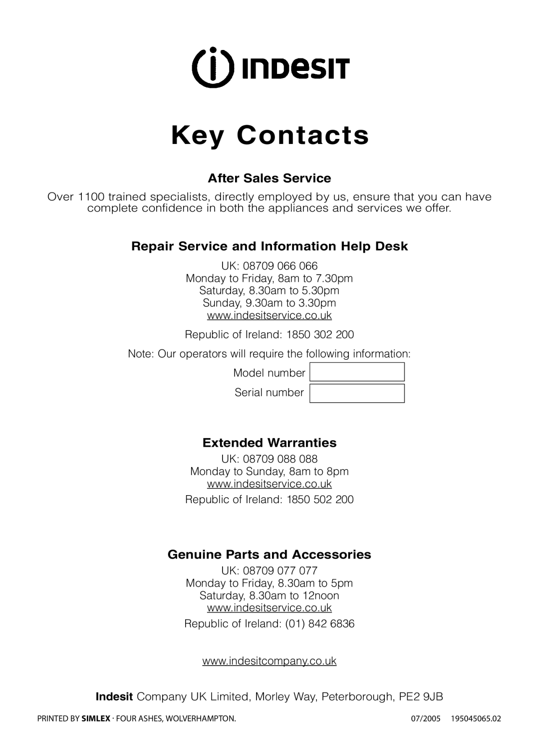 Indesit KD641G, KD643G, KD640G manual Key Contacts 