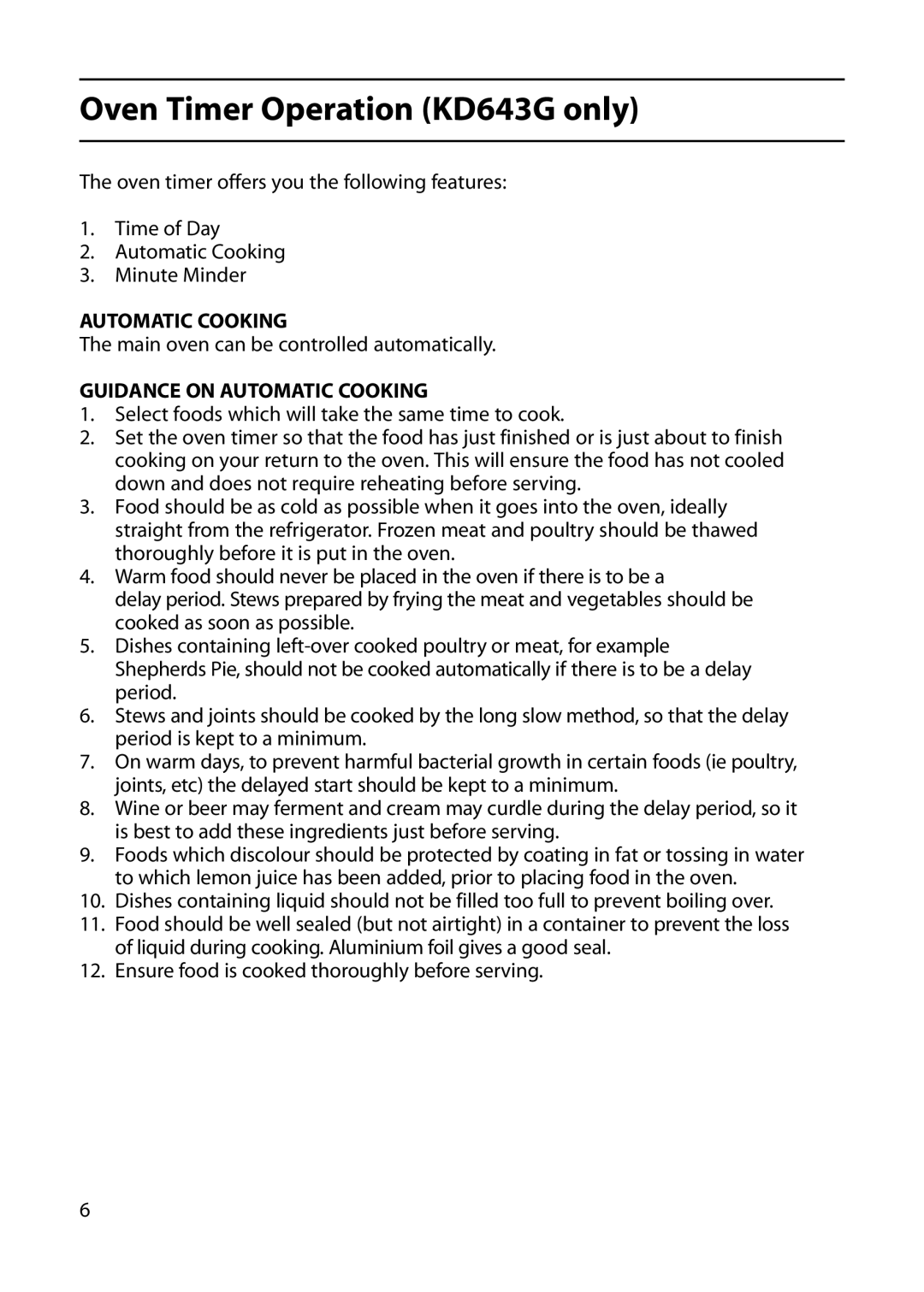 Indesit KD641G, KD640G manual Oven Timer Operation KD643G only, Guidance on Automatic Cooking 