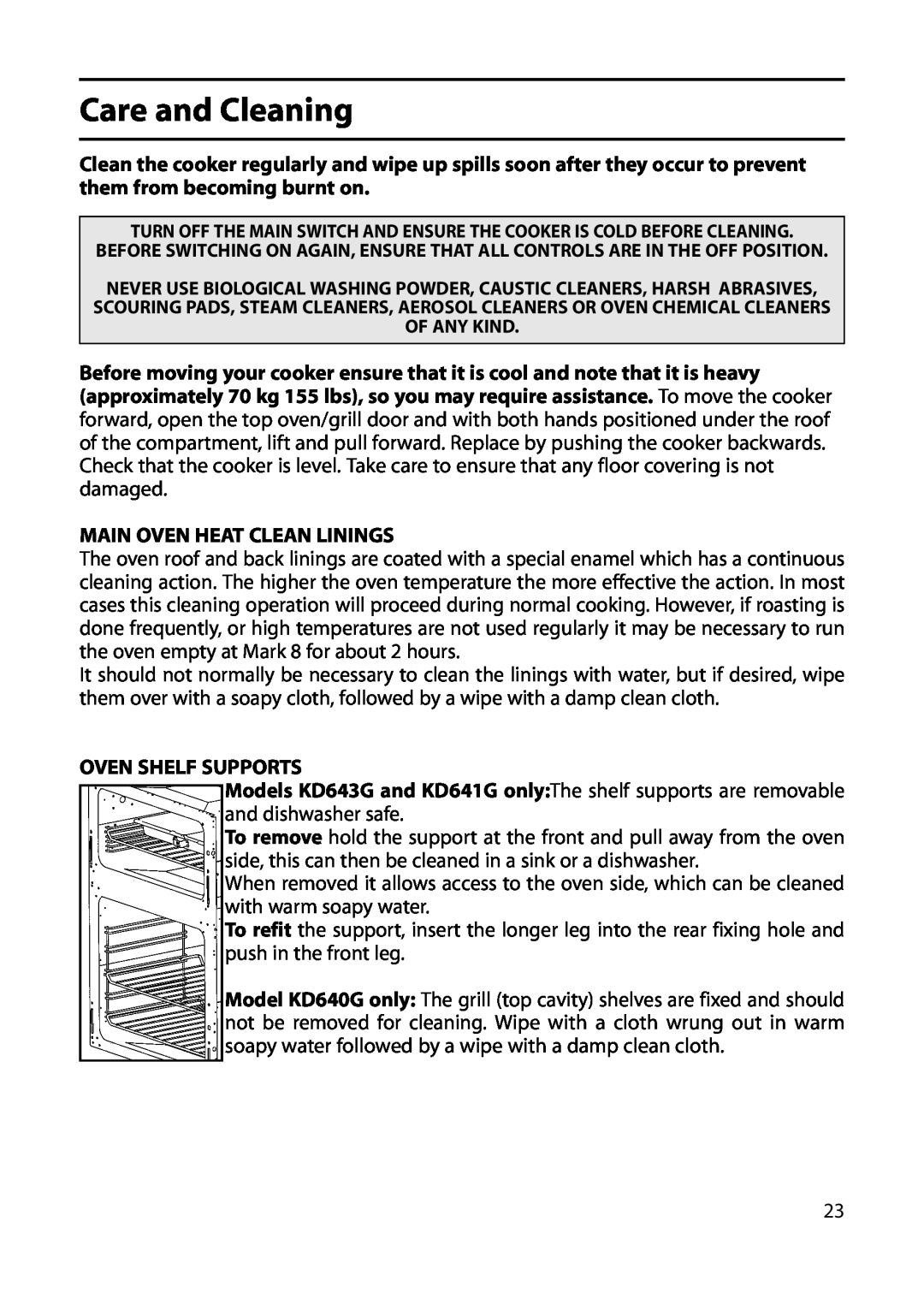 Indesit KD640G, KD641G, KD643G manual Care and Cleaning, Main Oven Heat Clean Linings, Oven Shelf Supports 