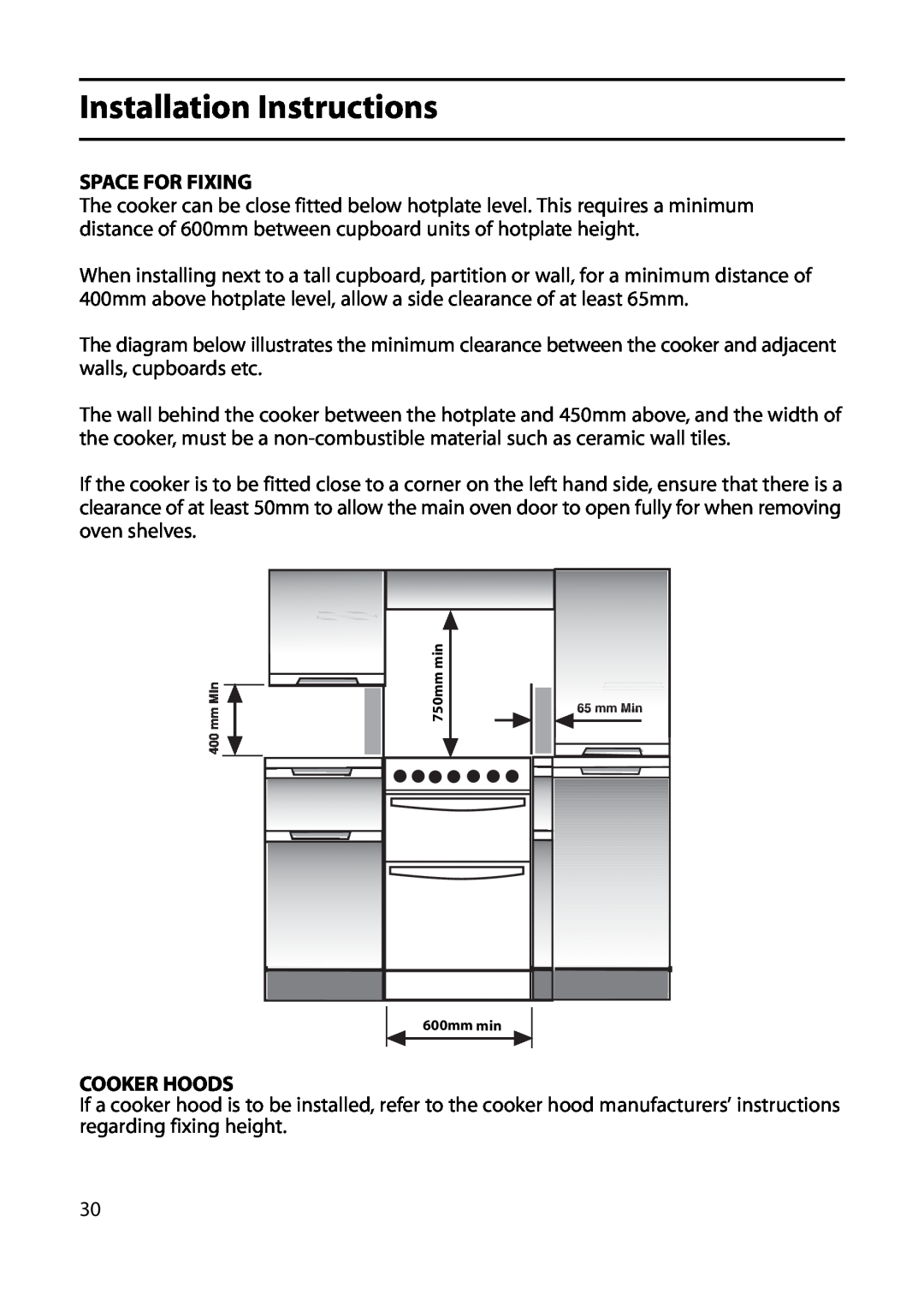 Indesit KD641G, KD643G, KD640G manual Installation Instructions, Space For Fixing, Cooker Hoods 