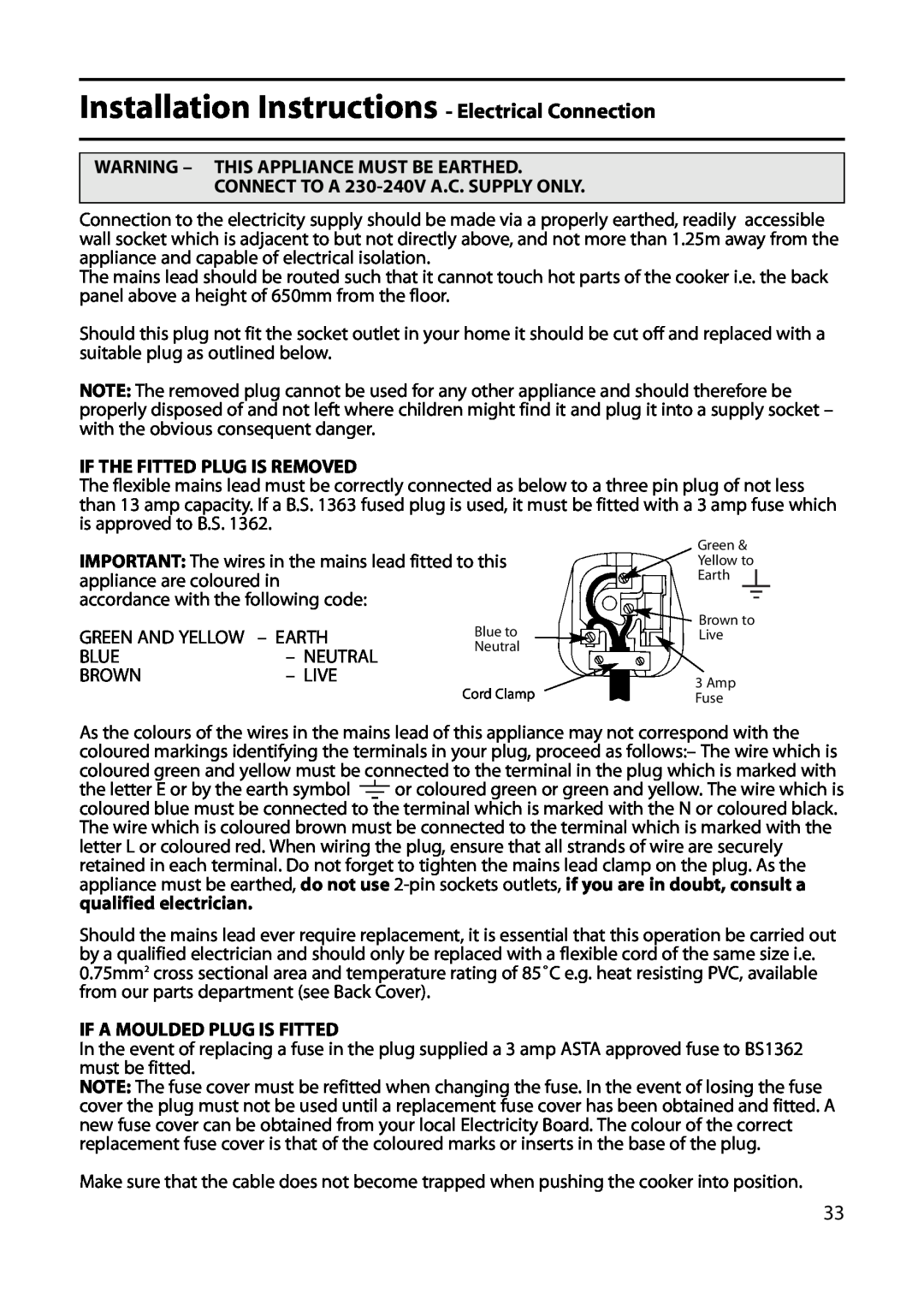 Indesit KD641G, KD643G, KD640G Installation Instructions - Electrical Connection, Warning - This Appliance Must Be Earthed 