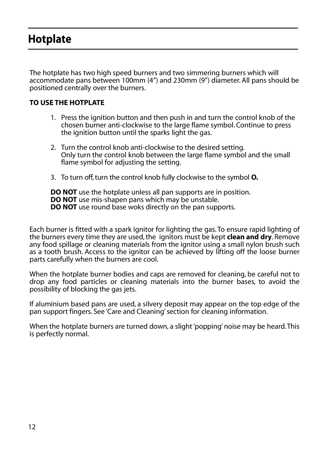 Indesit KD643E, KD641E manual To USE the Hotplate 