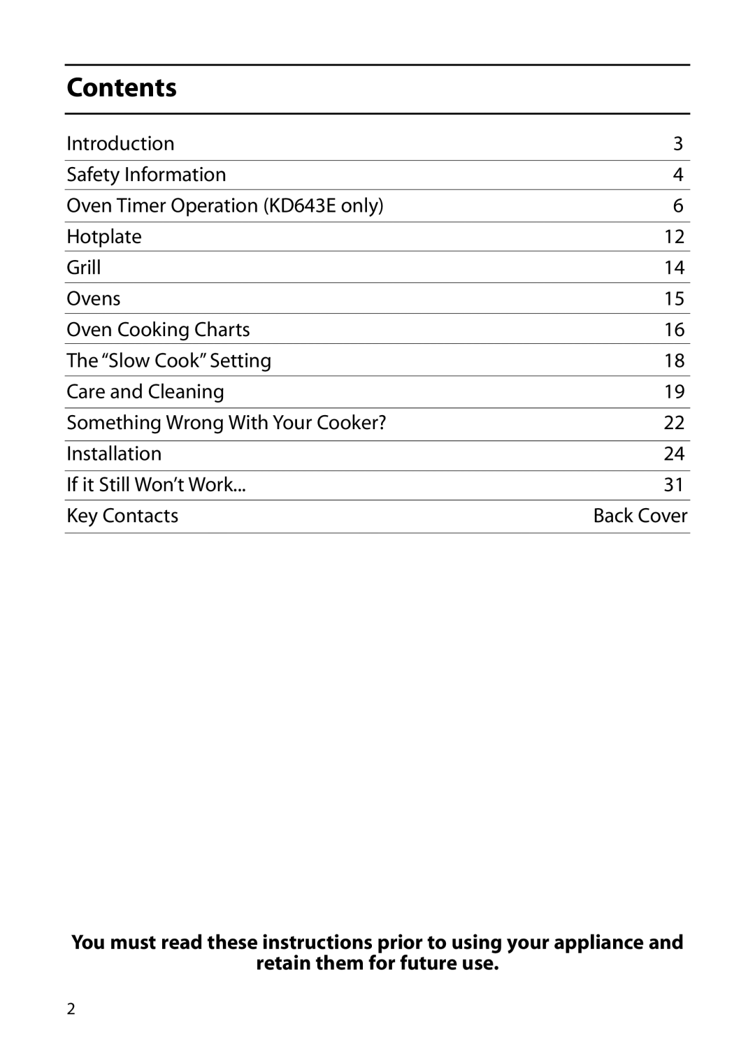 Indesit KD643E, KD641E manual Contents 