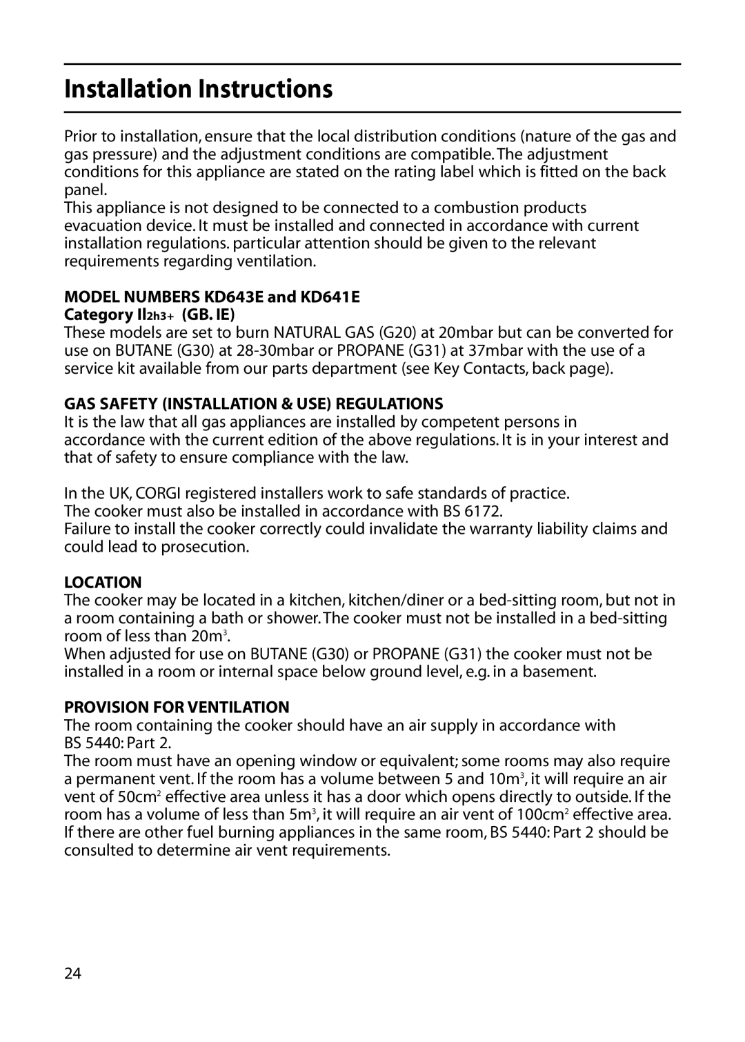 Indesit KD643E Installation Instructions, GAS Safety Installation & USE Regulations, Location, Provision for Ventilation 