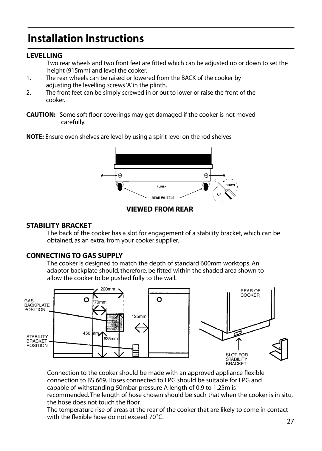 Indesit KD641E, KD643E manual Levelling, Viewed from Rear Stability Bracket, Connecting to GAS Supply 