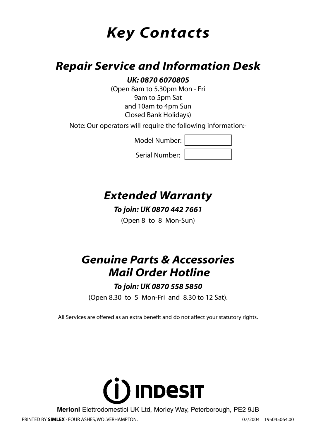 Indesit KD643E, KD641E manual Key Contacts 