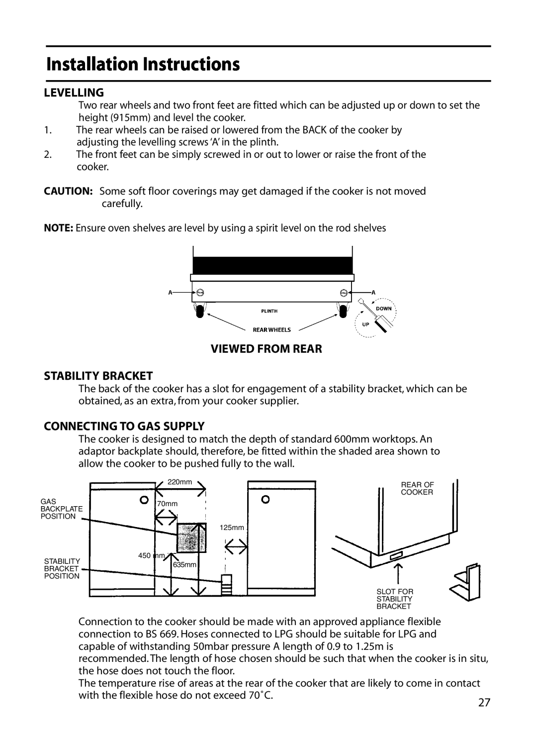 Indesit KD641E, KD643E Installation Instructions, Levelling, Viewed From Rear Stability Bracket, Connecting To Gas Supply 