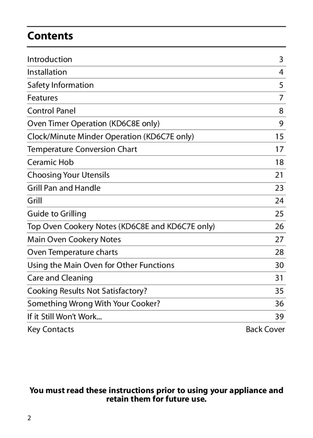 Indesit KD6C7E, KD6C8E, KD6C0E manual Contents 