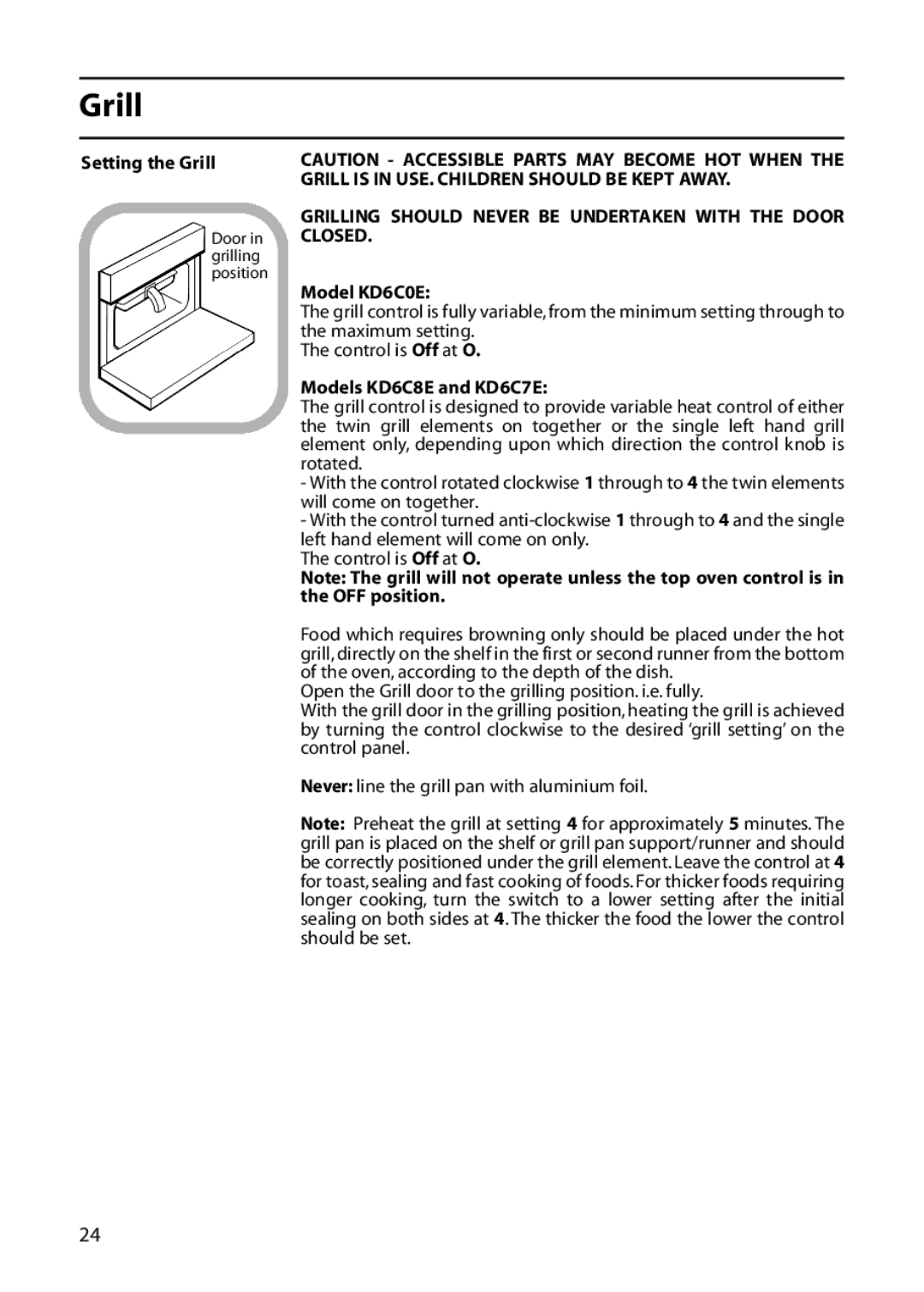 Indesit KD6C8E, KD6C7E manual Setting the Grill, Grilling should Never be Undertaken with the Door Closed, Model KD6C0E 