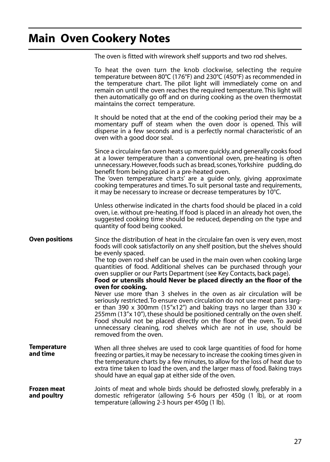 Indesit KD6C8E, KD6C0E, KD6C7E manual Main Oven Cookery Notes, Oven positions 