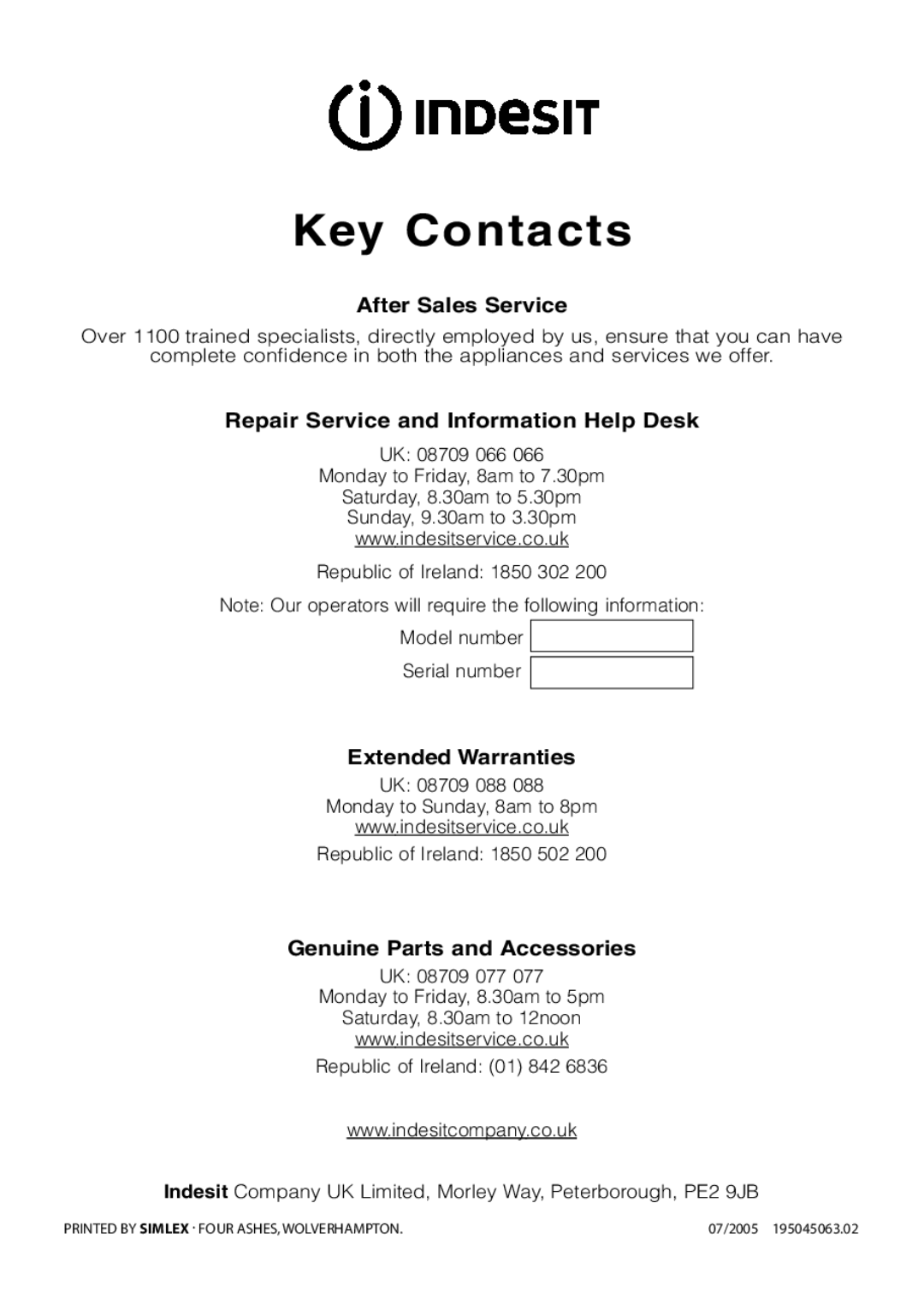 Indesit KD6C0E, KD6C8E, KD6C7E manual Key Contacts 