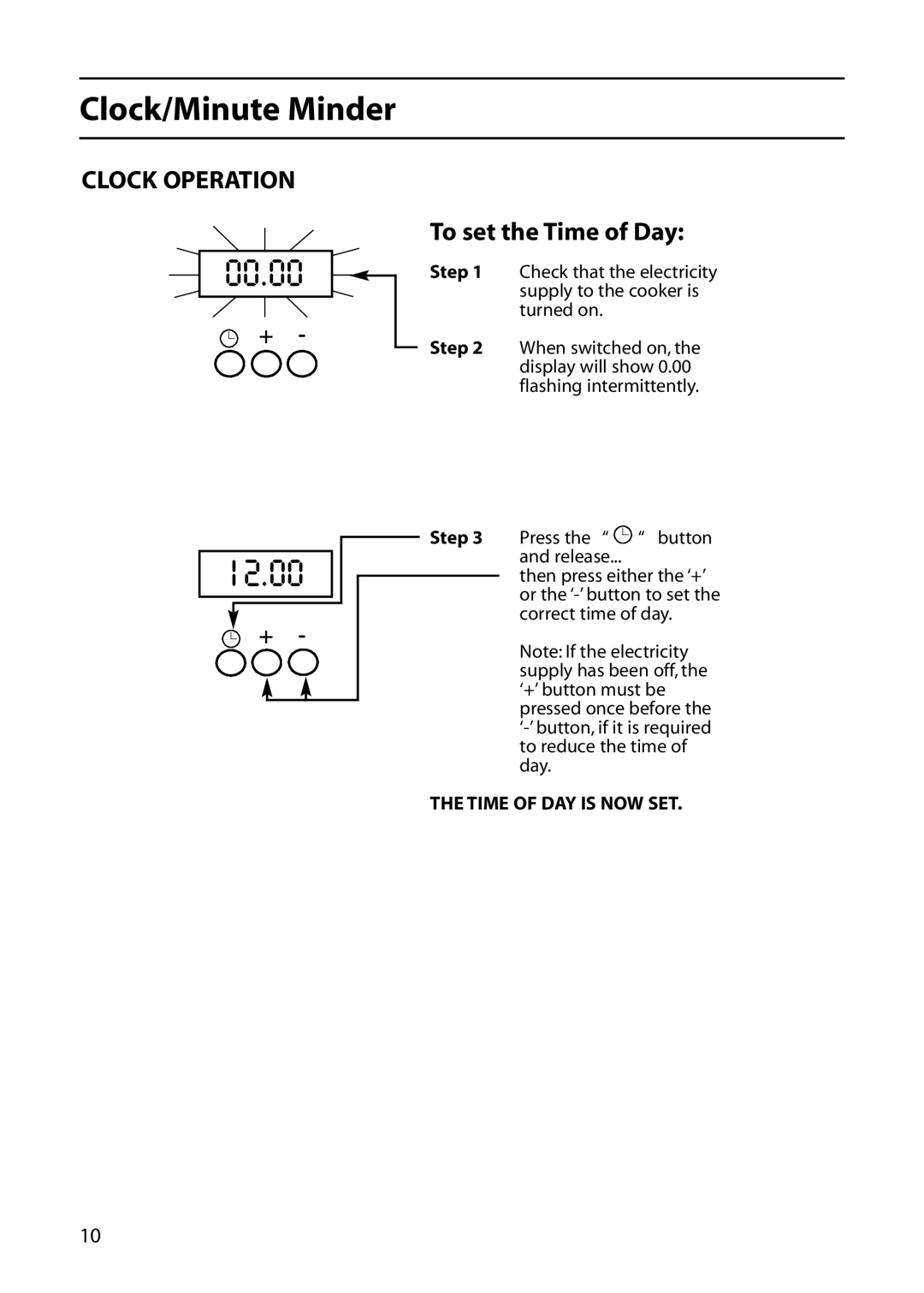 Indesit KD6E35W manual Clock/Minute Minder, Time of DAY is NOW SET 