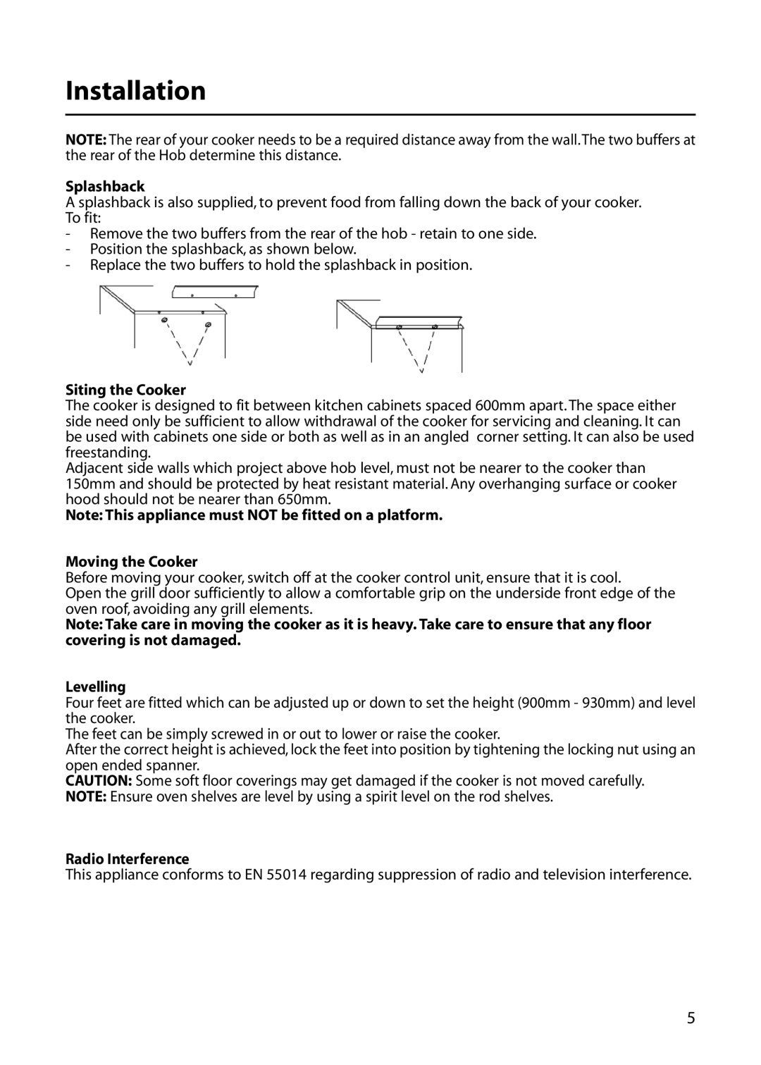 Indesit KD6E35W manual Splashback, Siting the Cooker, Moving the Cooker, Levelling, Radio Interference 