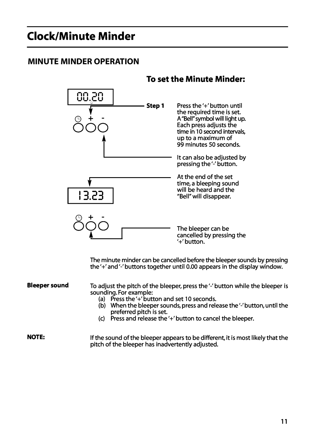 Indesit KD6E35W manual 00.20, 13.23, MINUTE MINDER OPERATION To set the Minute Minder, Clock/Minute Minder, Bleeper sound 