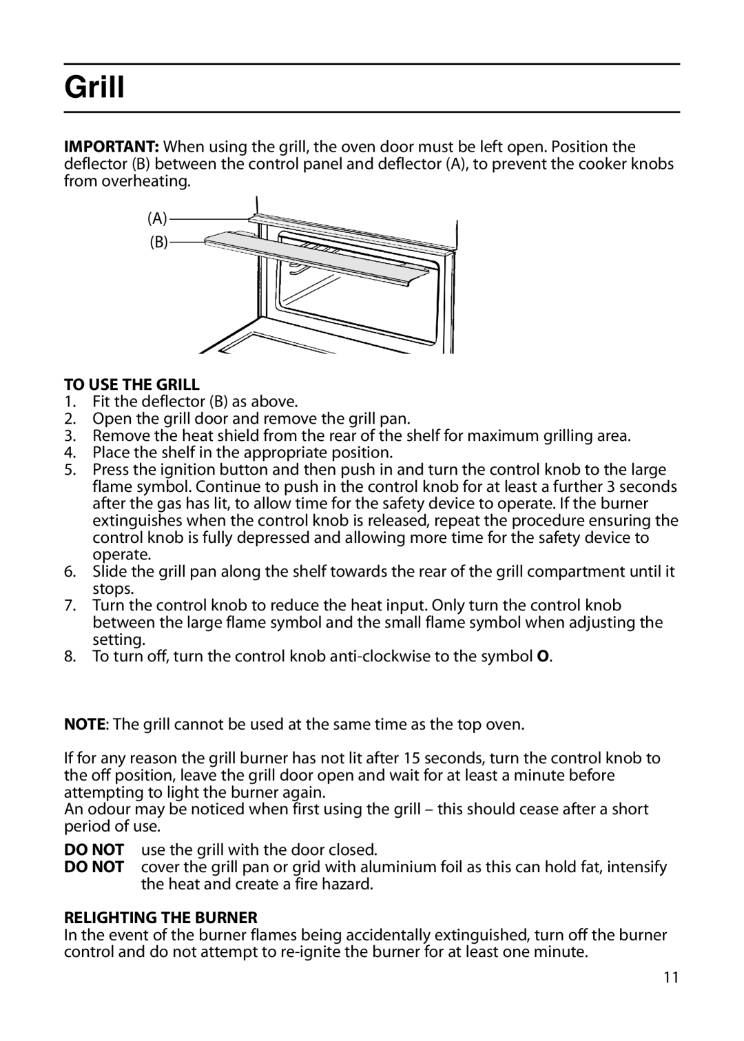 Indesit KD6G25W, KD6G25M manual To USE the Grill, Relighting the Burner 