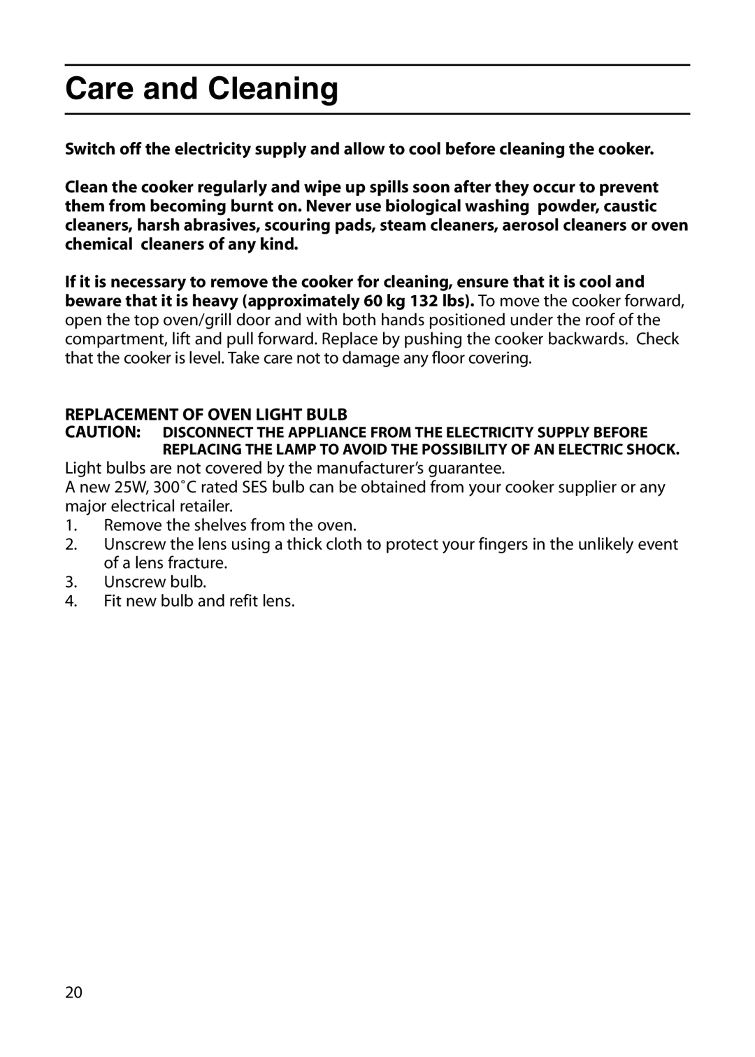 Indesit KD6G25M, KD6G25W manual Care and Cleaning, Replacement of Oven Light Bulb 