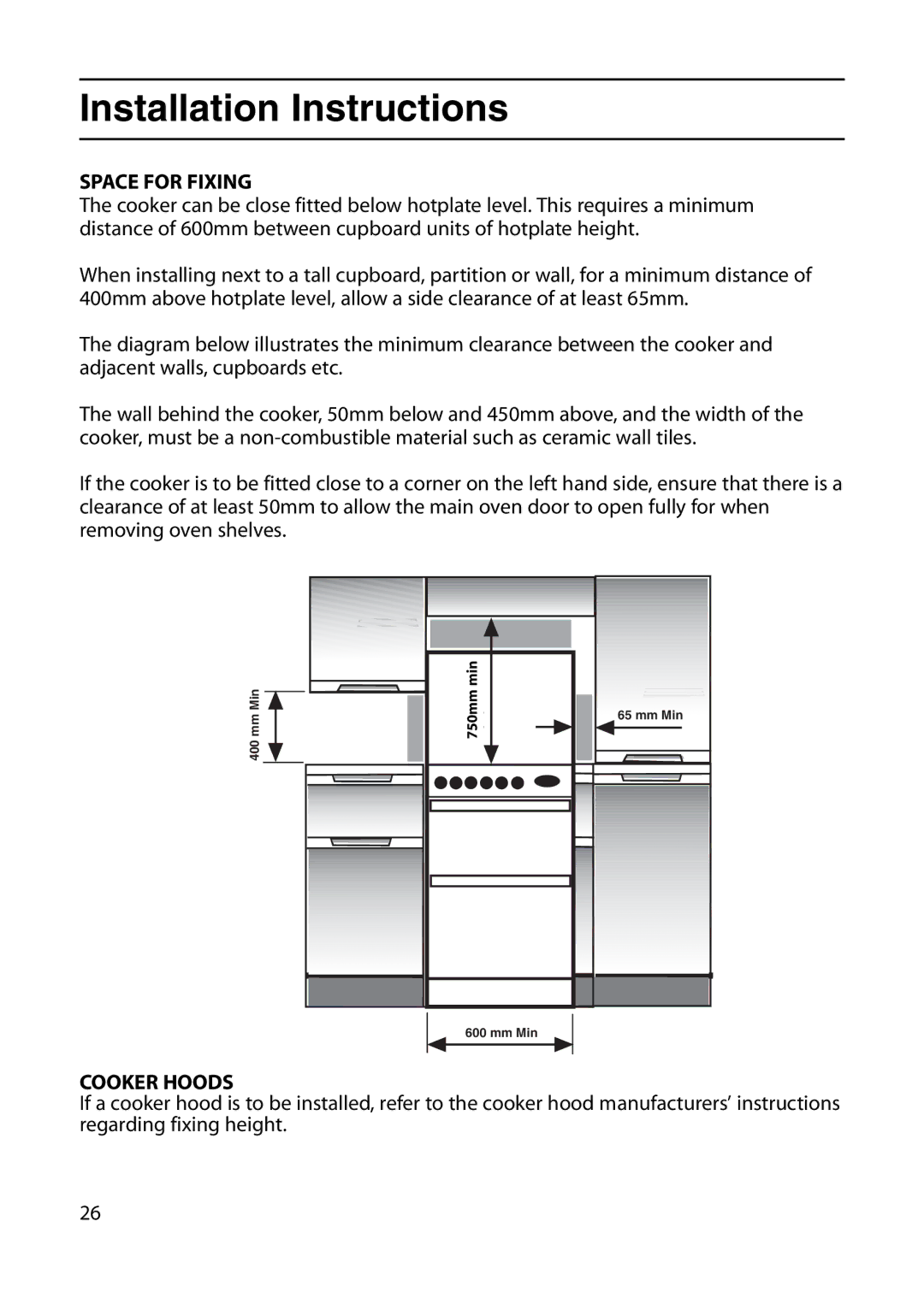 Indesit KD6G25M, KD6G25W manual Space for Fixing, Cooker Hoods 