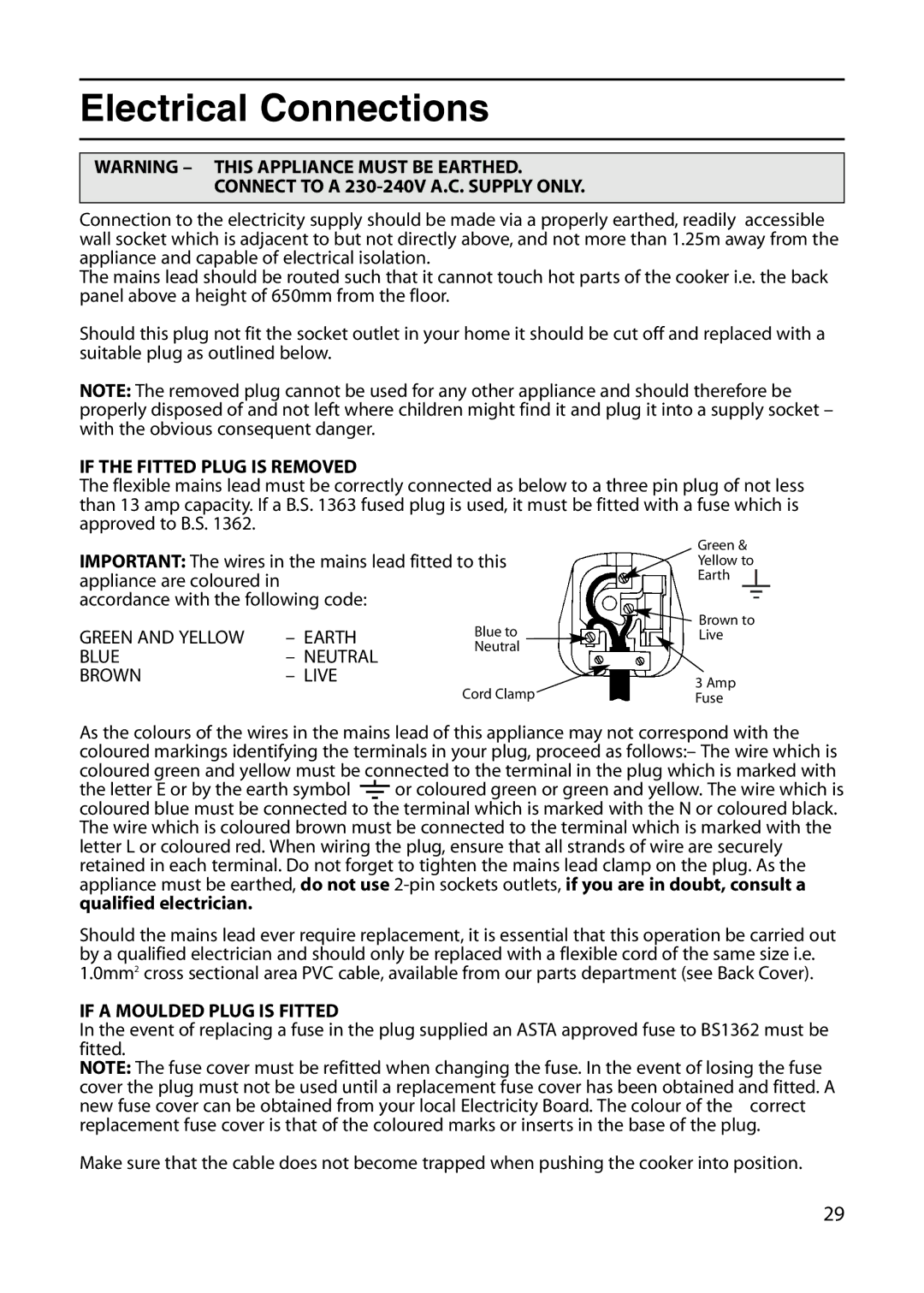 Indesit KD6G25W, KD6G25M manual Electrical Connections, Connect to a 230-240V A.C. Supply only 