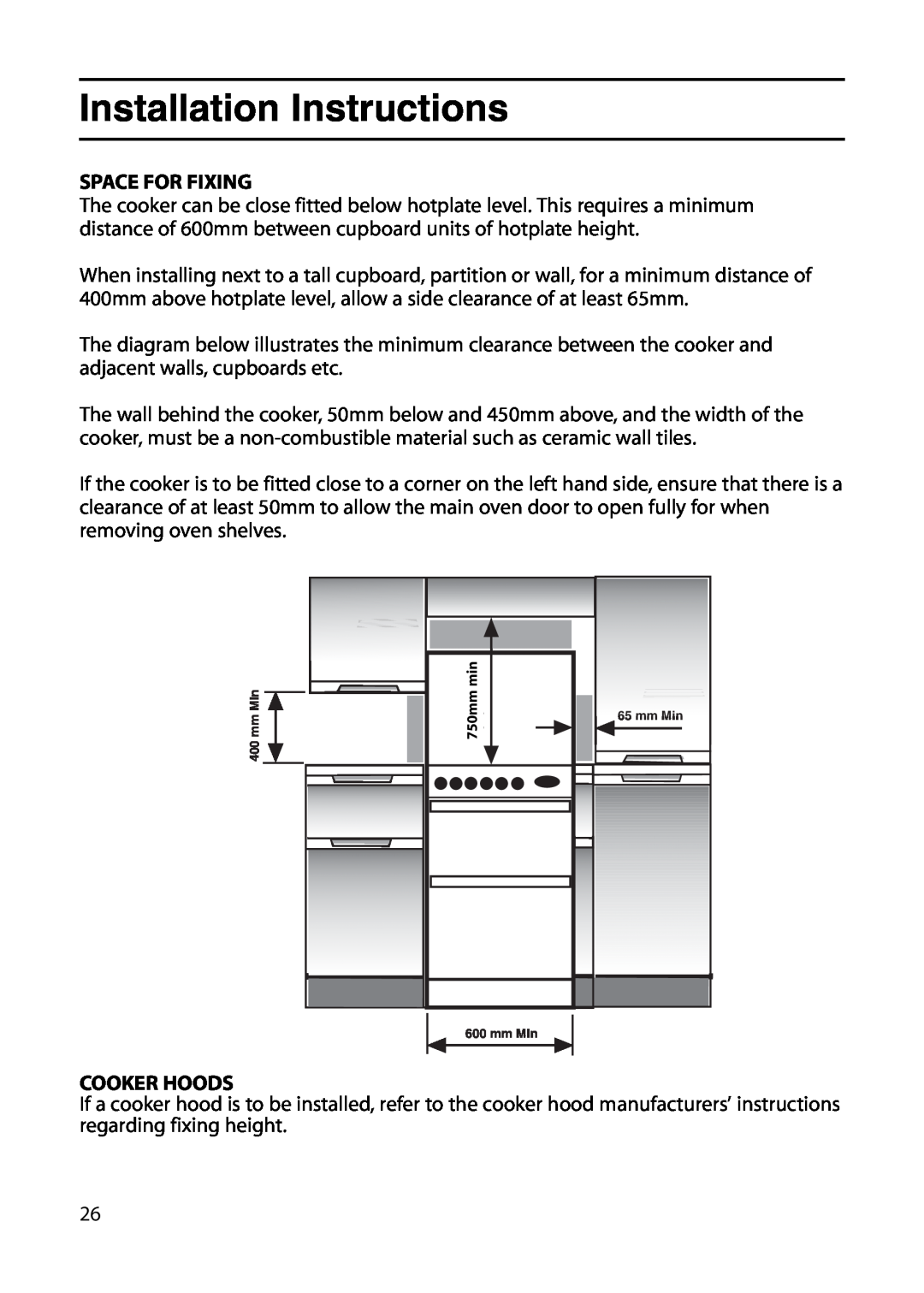 Indesit KD6G25M, KD6G25W manual Space For Fixing, Cooker Hoods, Installation Instructions, 750mm 