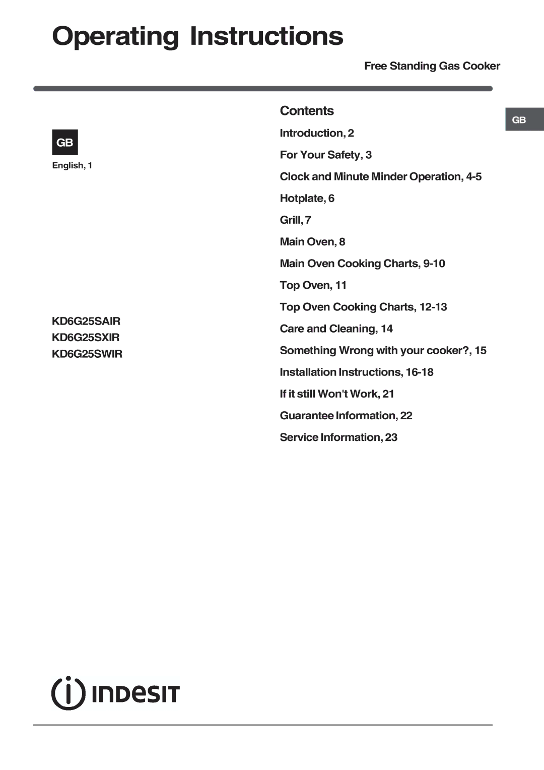 Indesit KD6G25SWIR, KD6G25SAIR, KD6G25SXIR installation instructions Operating Instructions, Contents 