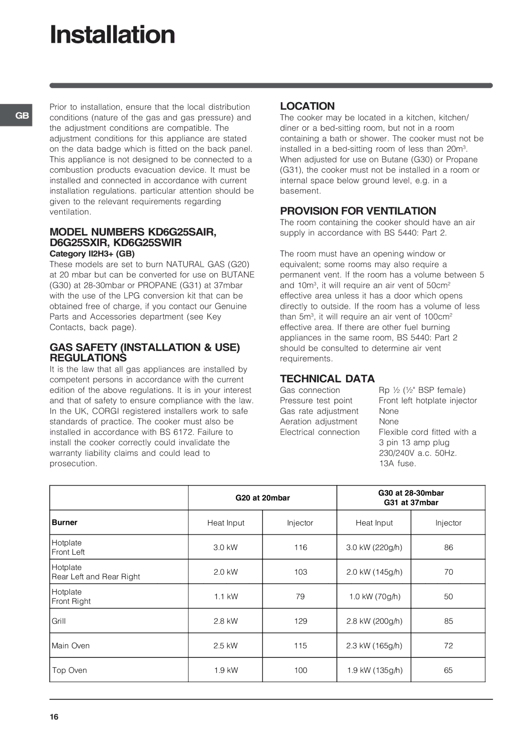 Indesit KD6G25SXIR Installation, Model Numbers KD6G25SAIR D6G25SXIR, KD6G25SWIR Location, Provision for Ventilation 