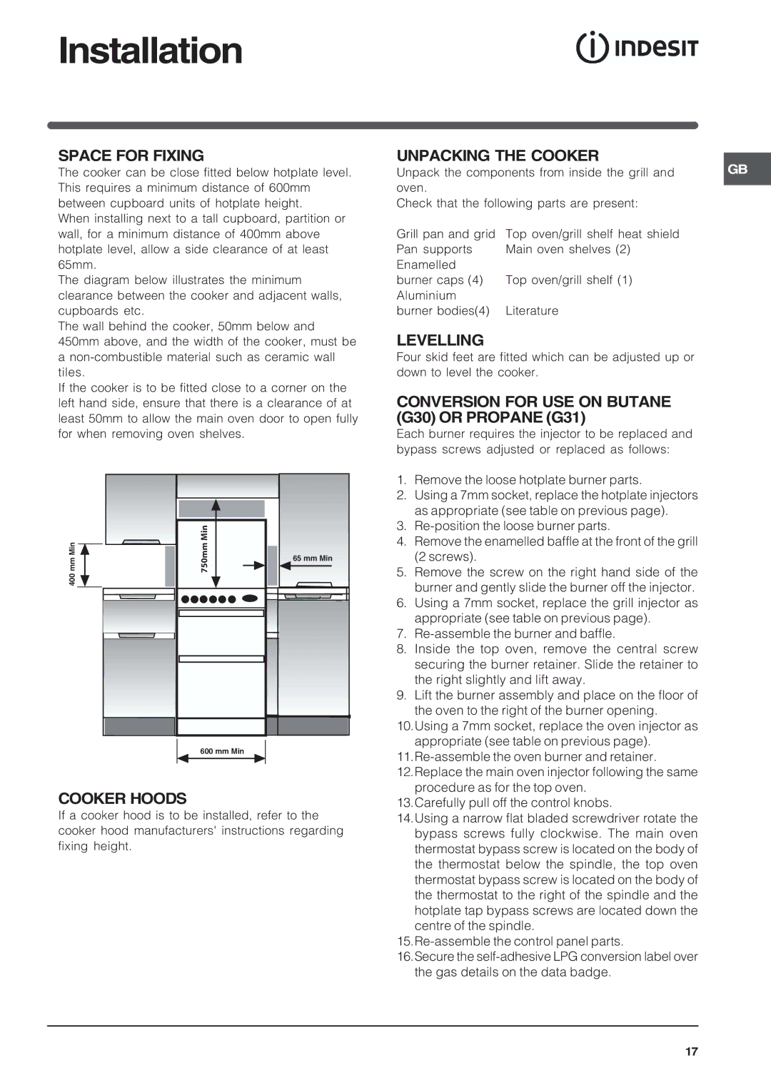 Indesit KD6G25SXIR, KD6G25SAIR, KD6G25SWIR Space for Fixing, Cooker Hoods, Unpacking the Cooker, Levelling 