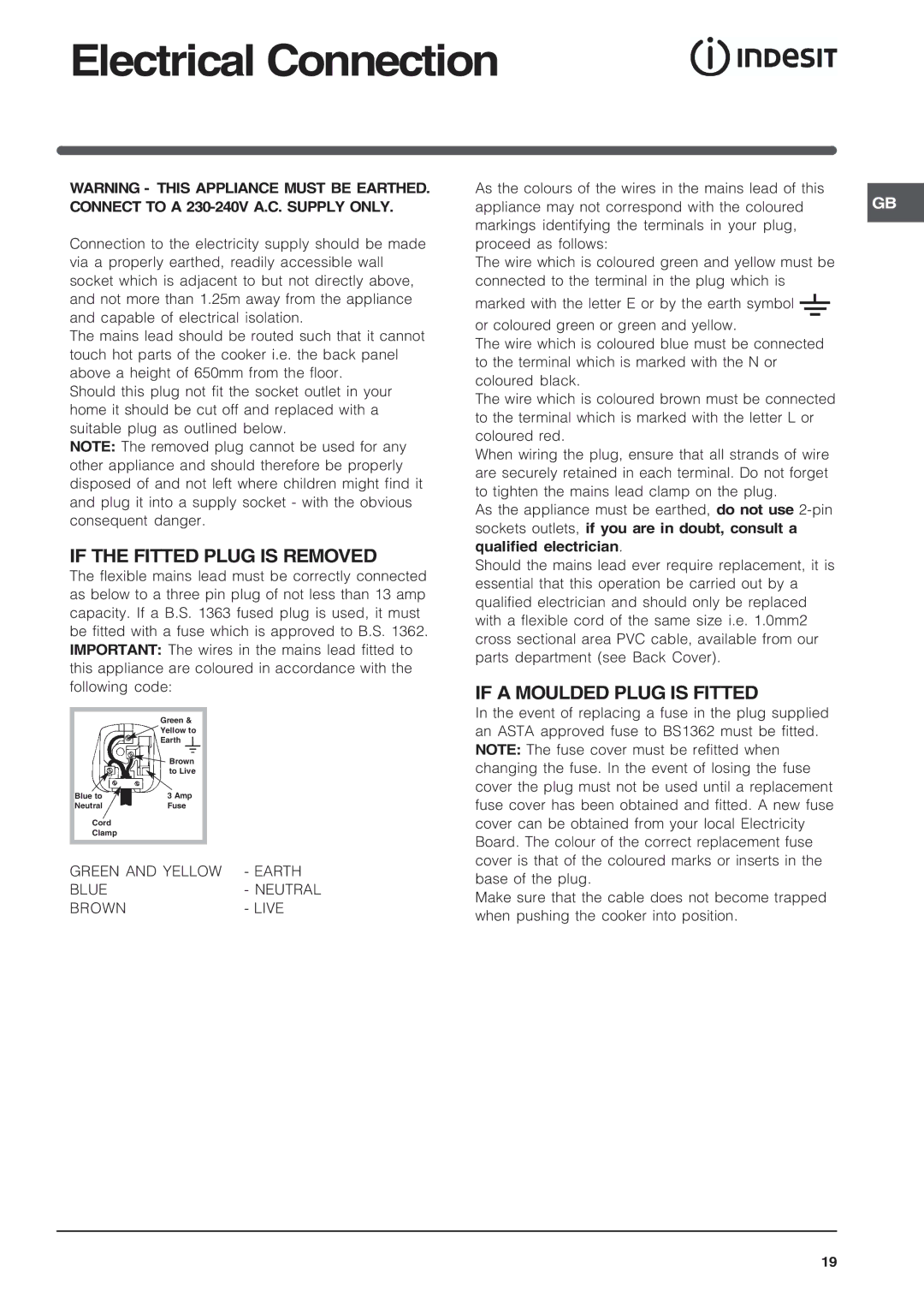 Indesit KD6G25SWIR, KD6G25SAIR Electrical Connection, If the Fitted Plug is Removed, If a Moulded Plug is Fitted 