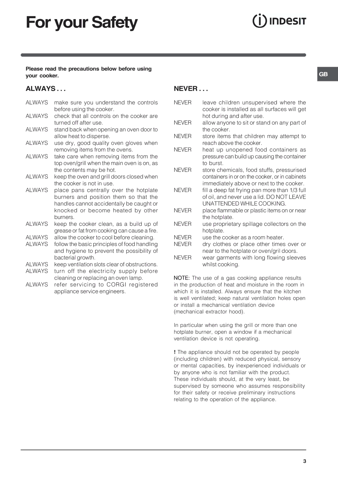 Indesit KD6G25SAIR, KD6G25SWIR, KD6G25SXIR installation instructions For your Safety, Always, Never 