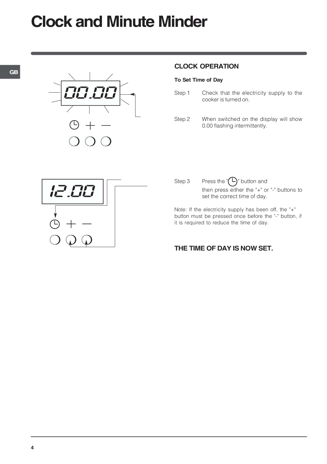 Indesit KD6G25SWIR, KD6G25SAIR, KD6G25SXIR Clock and Minute Minder, Clock Operation, Time of DAY is NOW SET 