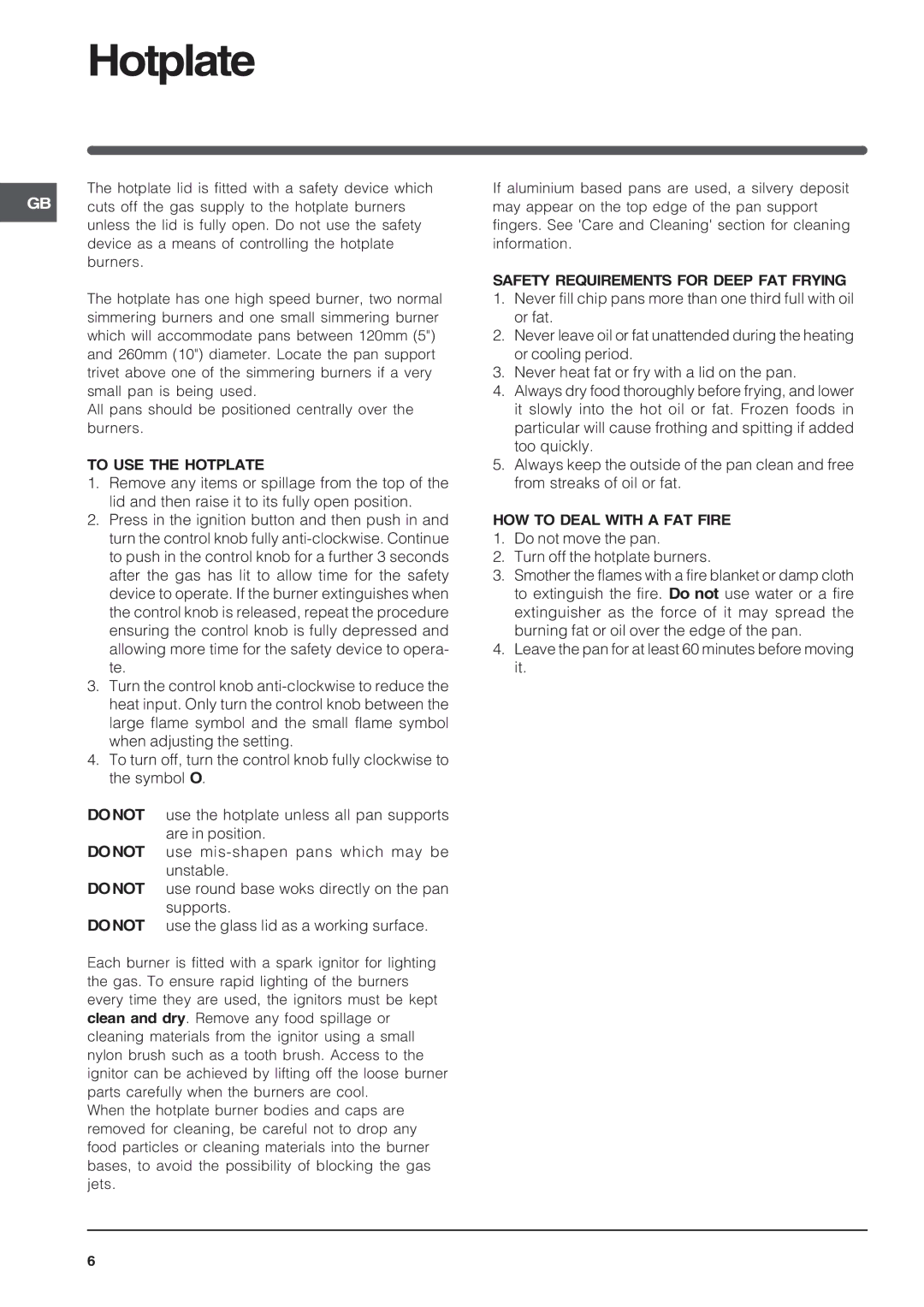 Indesit KD6G25SAIR To USE the Hotplate, Safety Requirements for Deep FAT Frying, HOW to Deal with a FAT Fire 