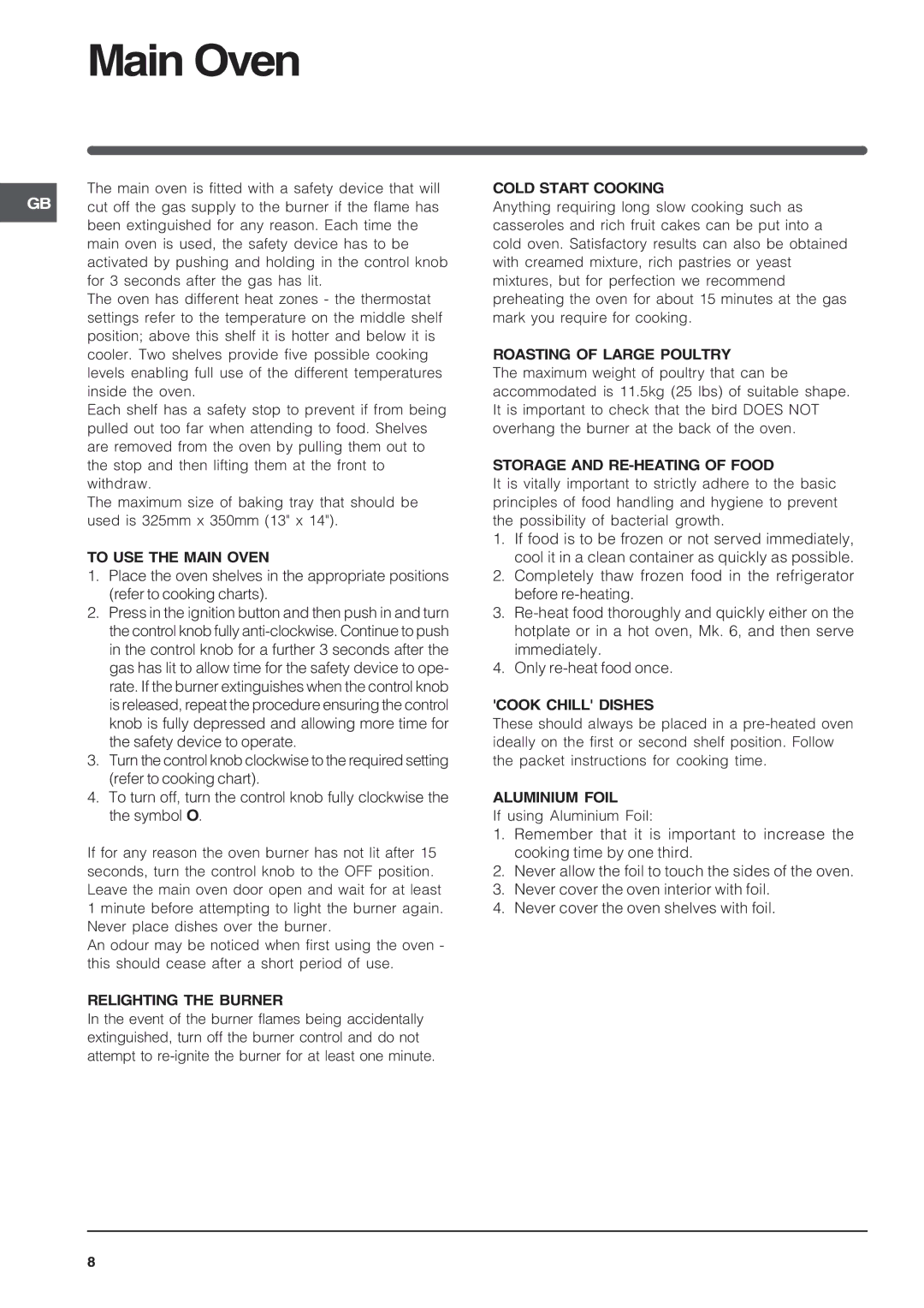 Indesit KD6G25SXIR, KD6G25SAIR, KD6G25SWIR installation instructions Main Oven 