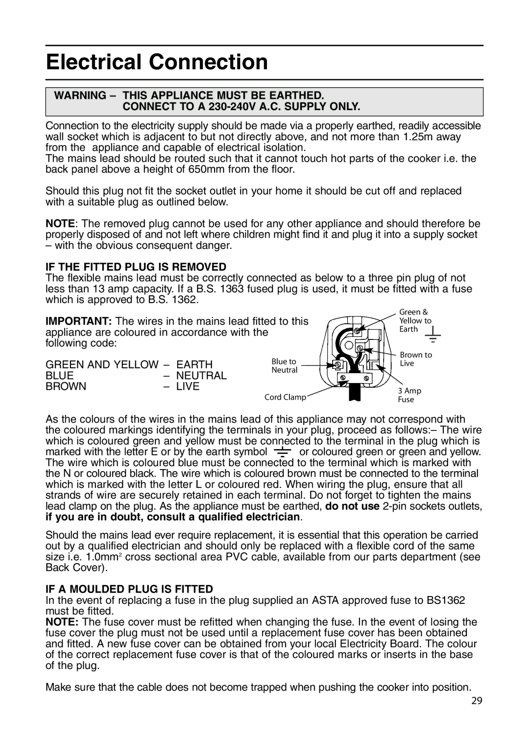 Indesit KDP60G, KD6G25X manual Electrical Connection, Connect to a 230-240V A.C. Supply only 