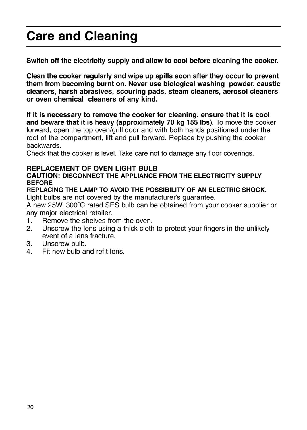 Indesit KD6G25XIR, KDP60GIR manual Care and Cleaning, Replacement of Oven Light Bulb 