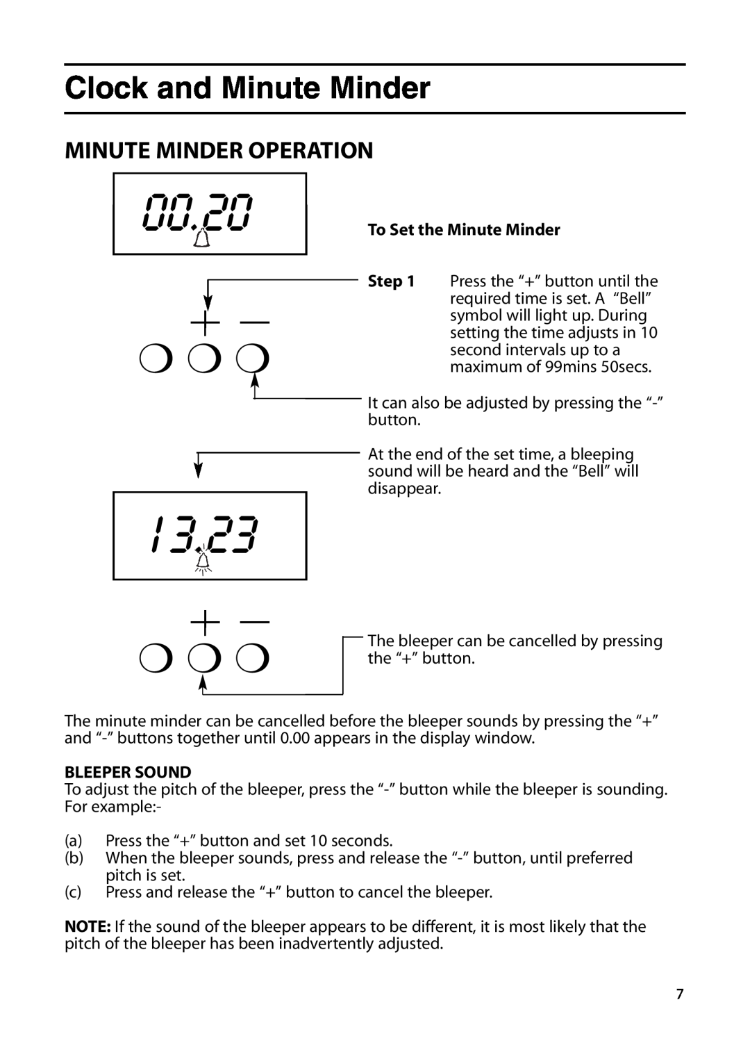 Indesit KDP60GIR 00.20, 13.23, To Set the Minute Minder, Bleeper Sound, Clock and Minute Minder, Minute Minder Operation 