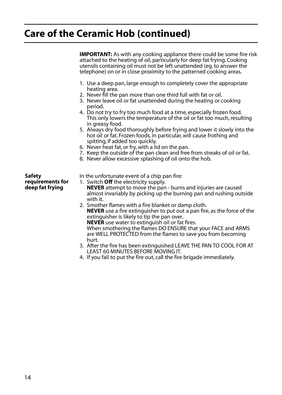 Indesit KT6CE, KDP60, KD6C35 manual Safety requirements for deep fat frying 